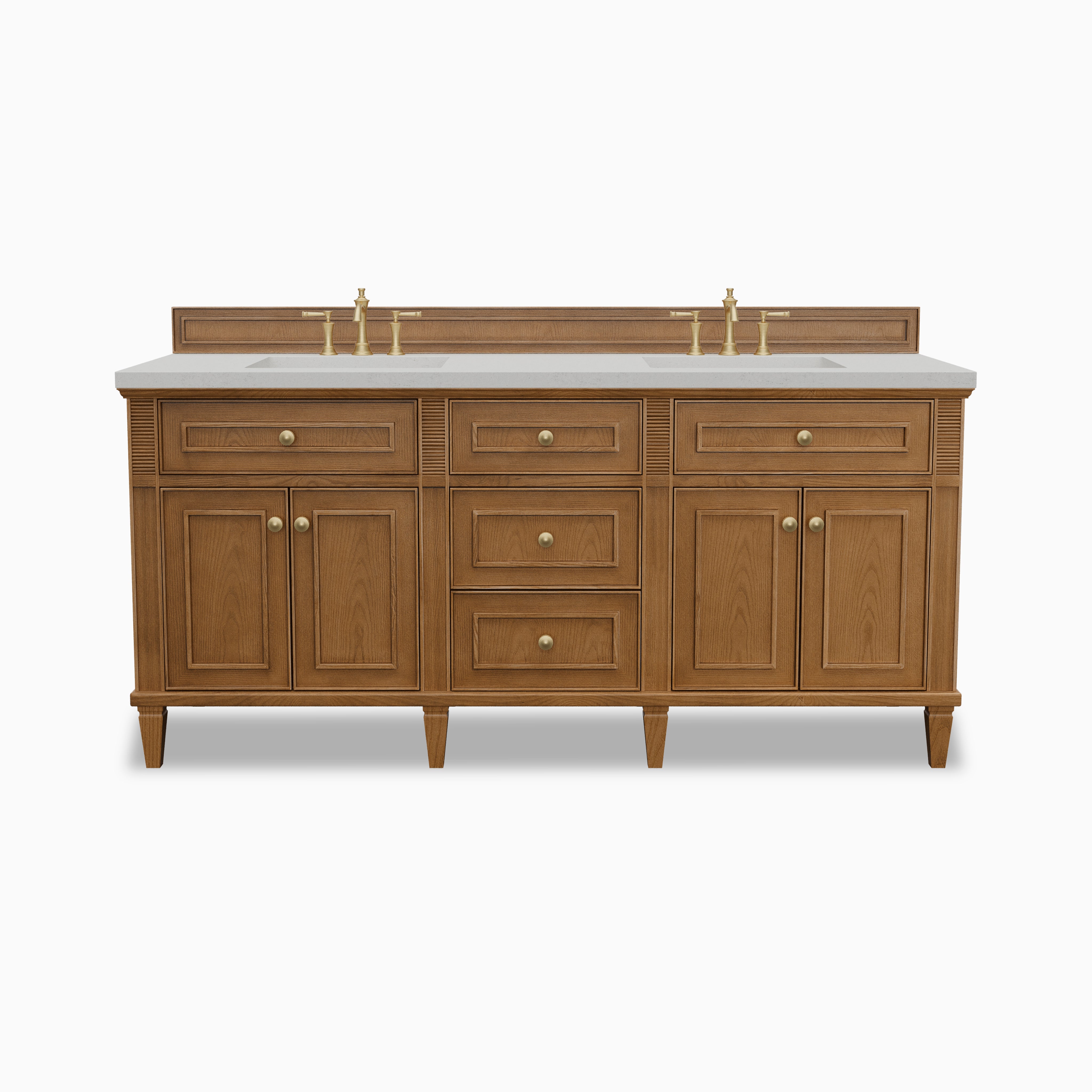 Elodie 72-inch double bathroom vanity in light natural oak with Lime Delight quartz countertop and brass faucets.
