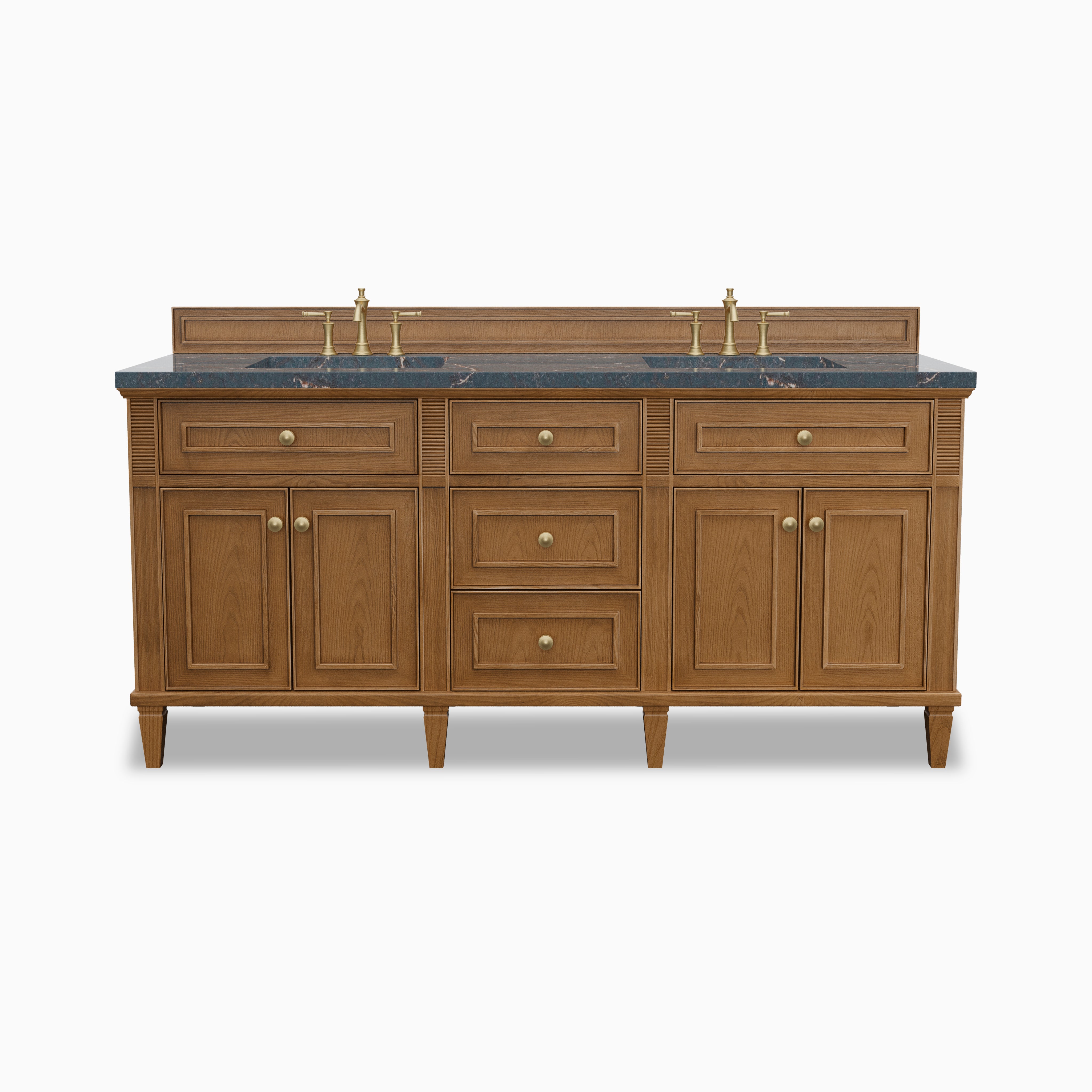 Elodie 72-inch double bathroom vanity in light natural oak with Parisien Bleu quartz countertop and brass faucets.