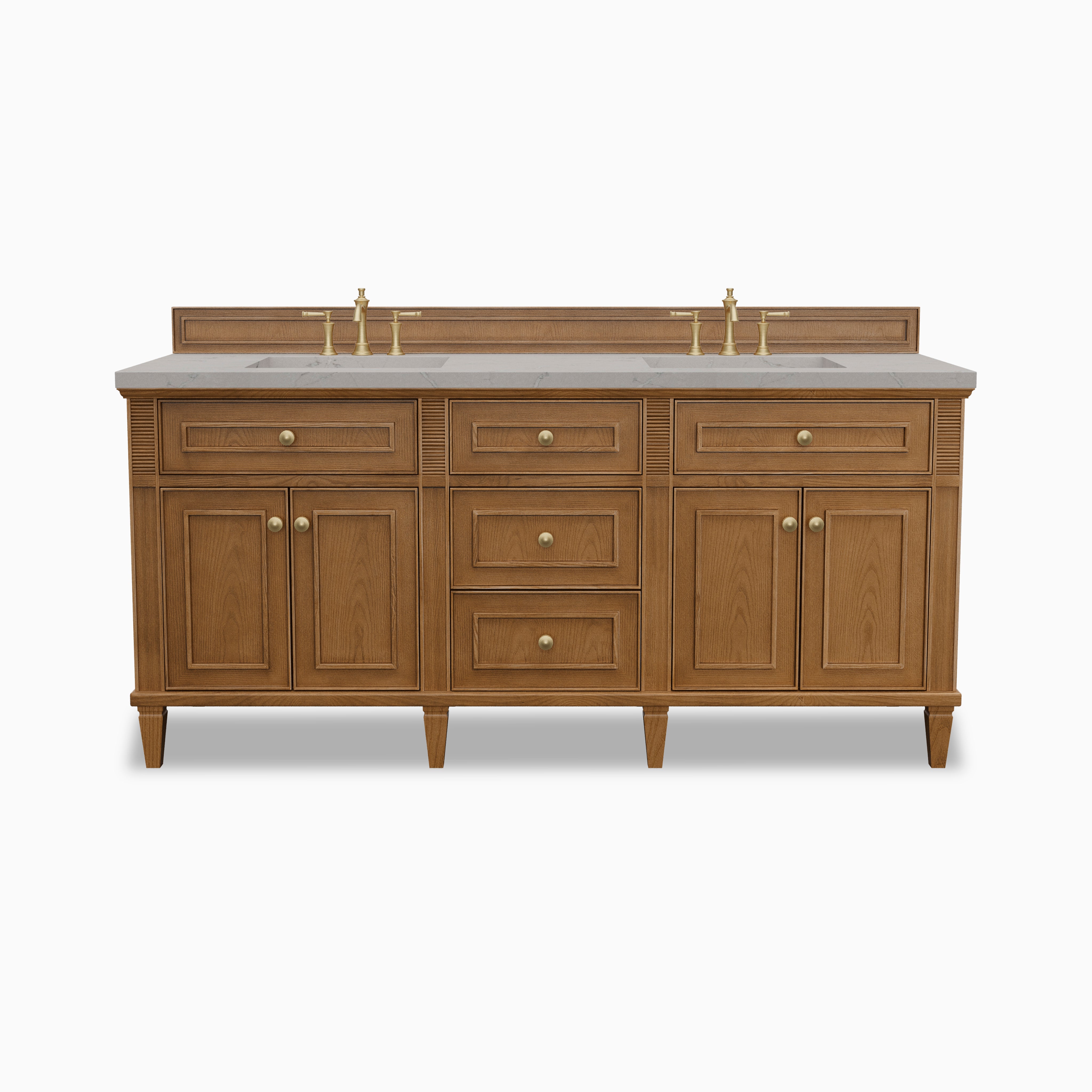 Elodie 72-inch double bathroom vanity in light natural oak with Victorian Silver quartz countertop and brass faucets.