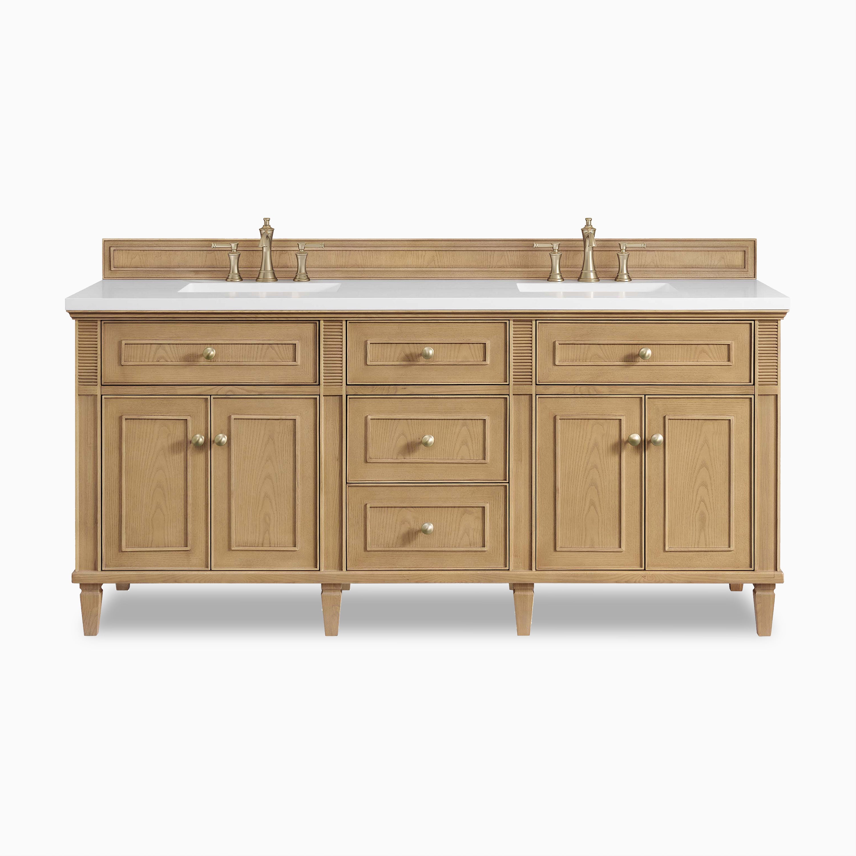 Eloide 72" double vanity in light natural oak with brass knobs, fluted detailing, and symmetrical cabinet-door design.