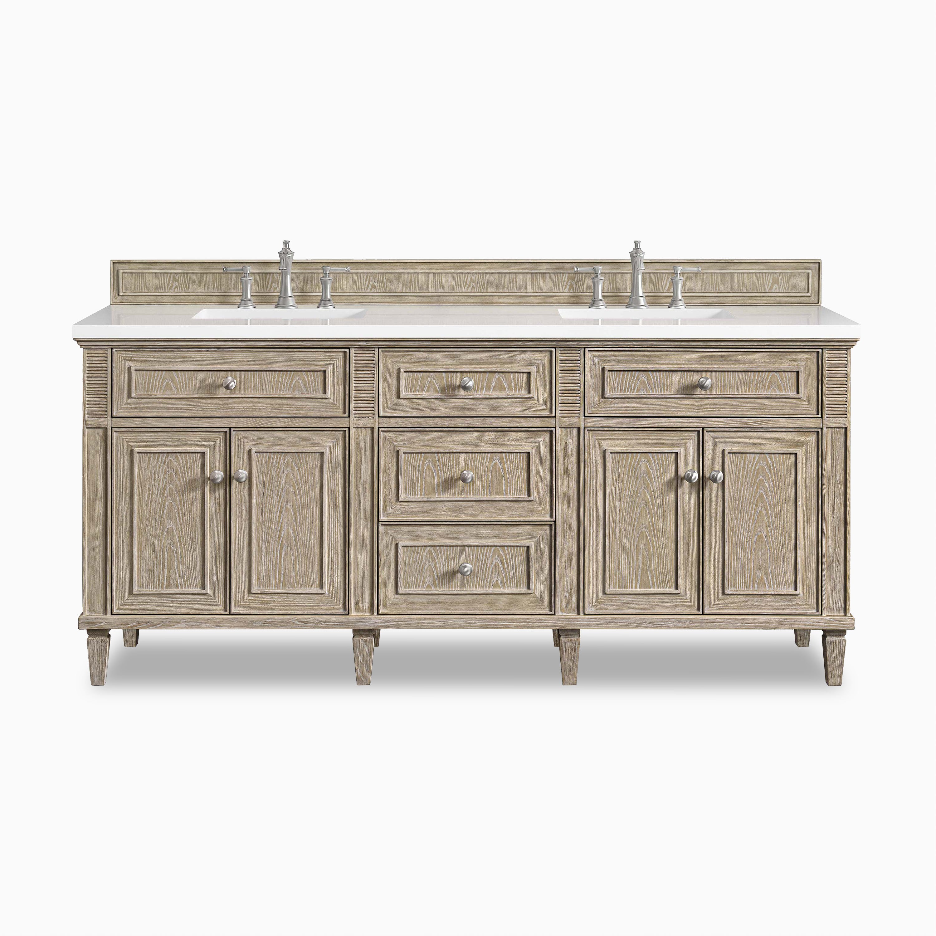 Eloide 72" double vanity in whitewashed oak featuring fluted accents, satin nickel hardware, and ample storage.