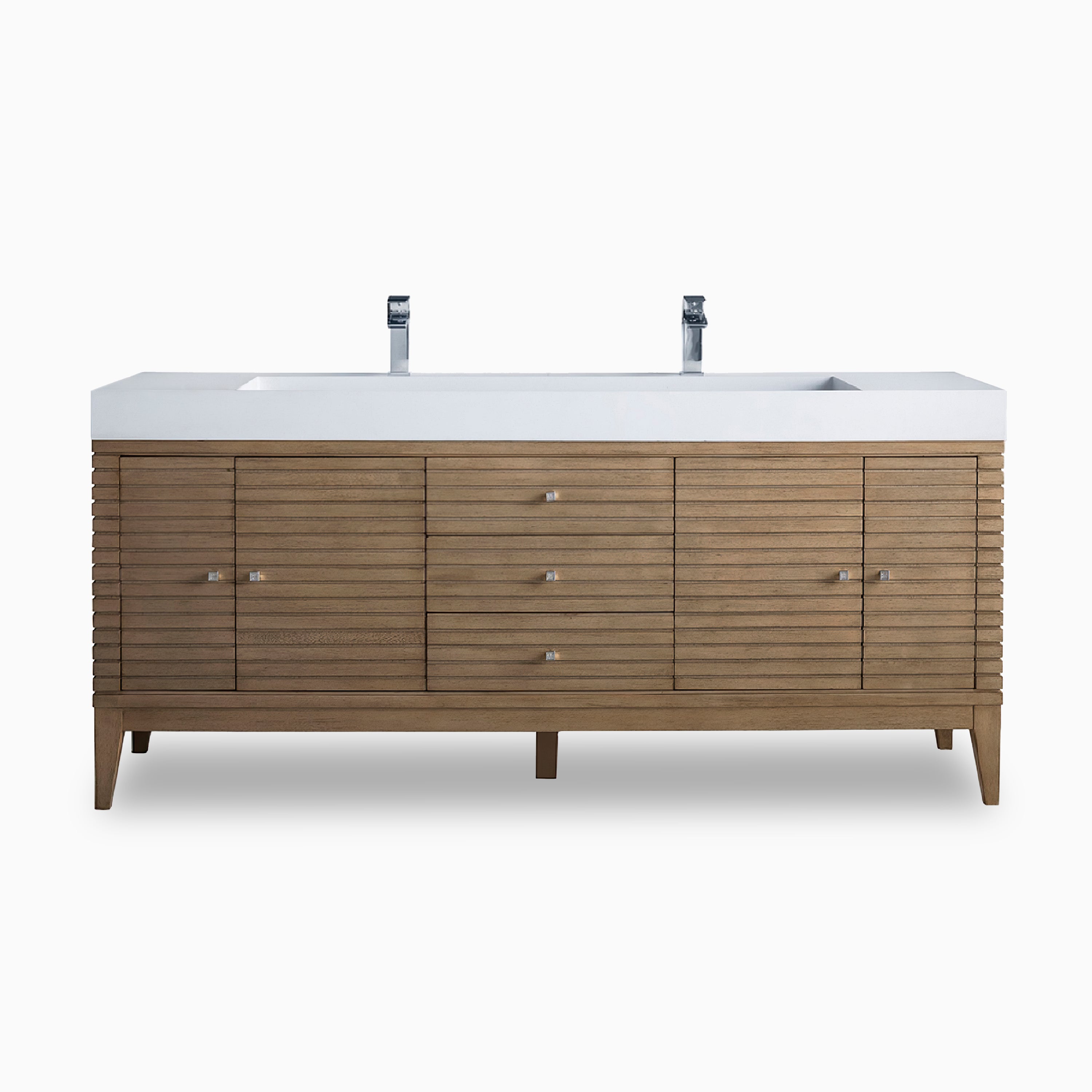 Easton 72" freestanding double vanity in whitewashed walnut featuring fluted drawer fronts and a seamless white stone countertop.