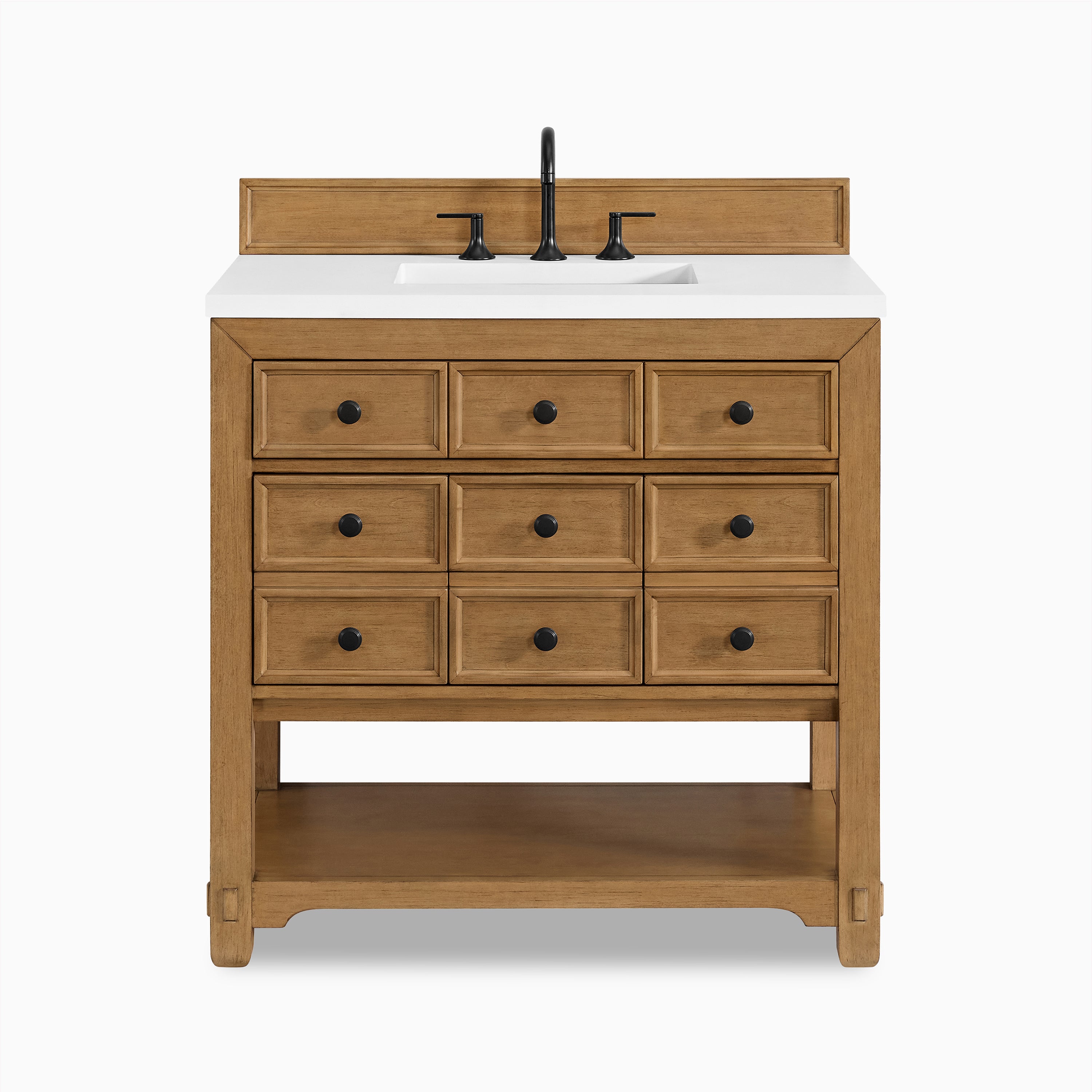 Rosalie 36" freestanding single vanity in amber birch with apothecary-style drawer fronts and open lower shelf.
