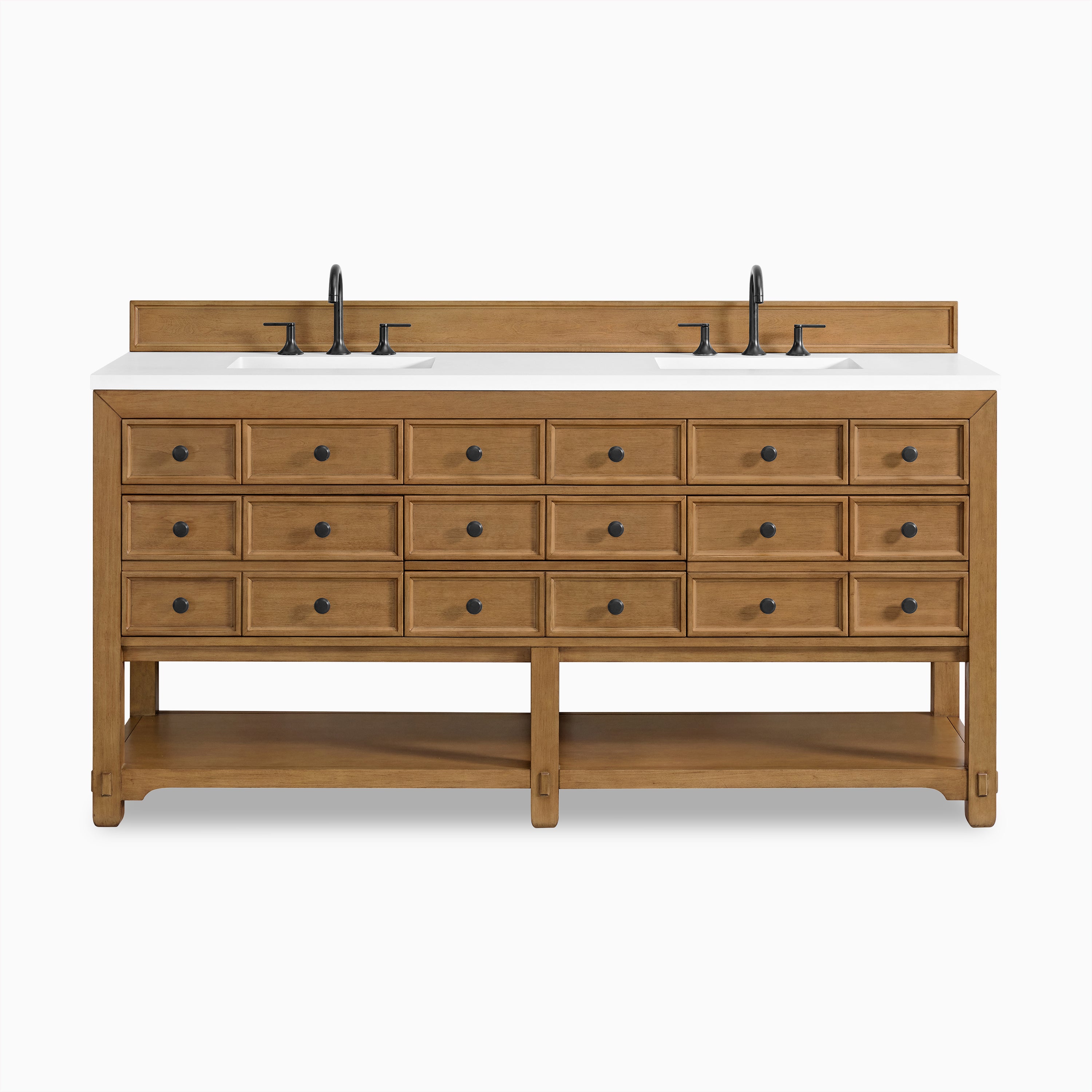 Rosalie 72" double vanity in amber birch with vintage-style apothecary drawer fronts, matte black hardware, and open base shelf.