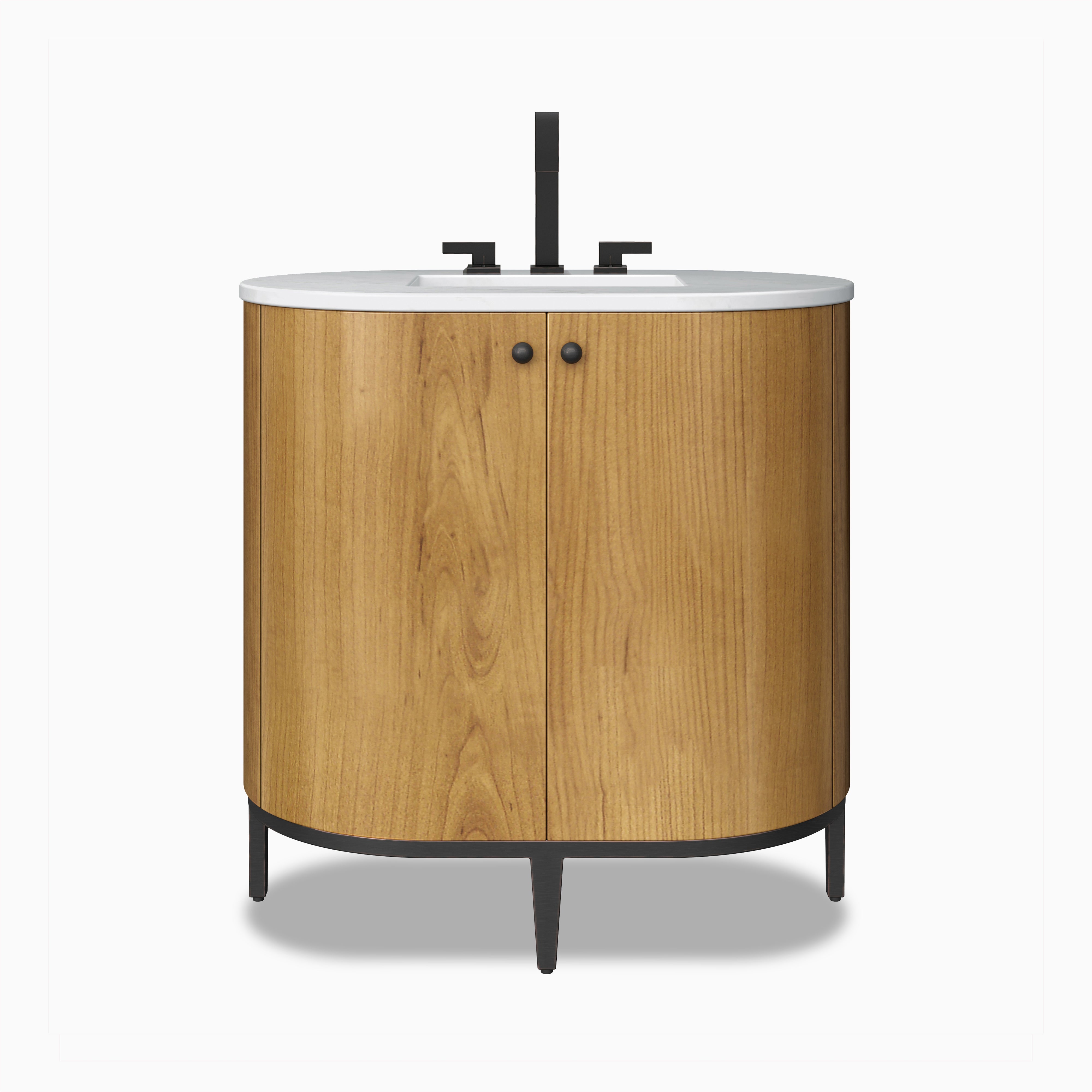 Atticus 36" freestanding single vanity in rustic oak with natural marble countertop, rounded edges, and matte black hardware on sleek metal legs.