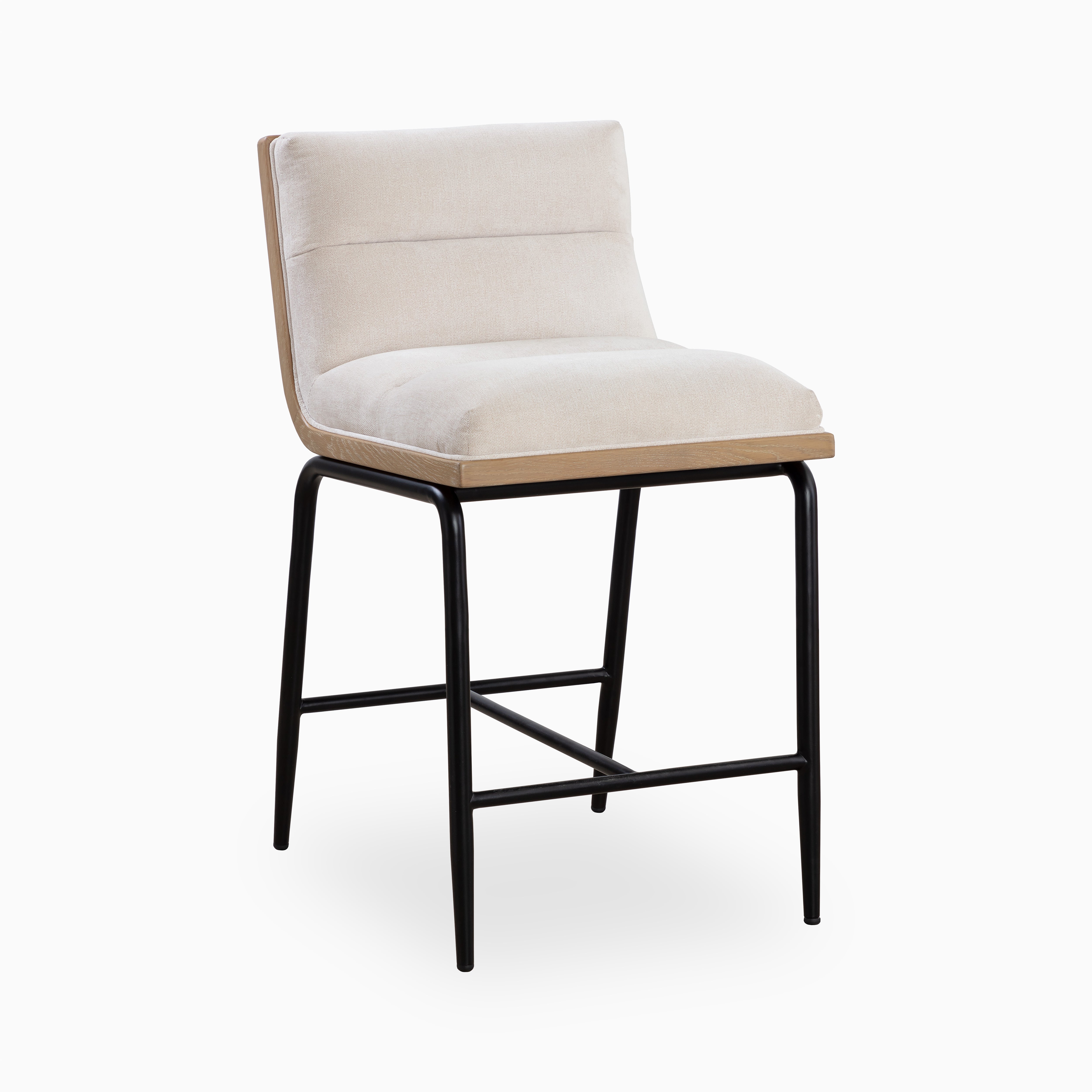 Modern counter stool featuring a padded cream cushion, natural wood base accent, and sleek black metal frame with footrest support.