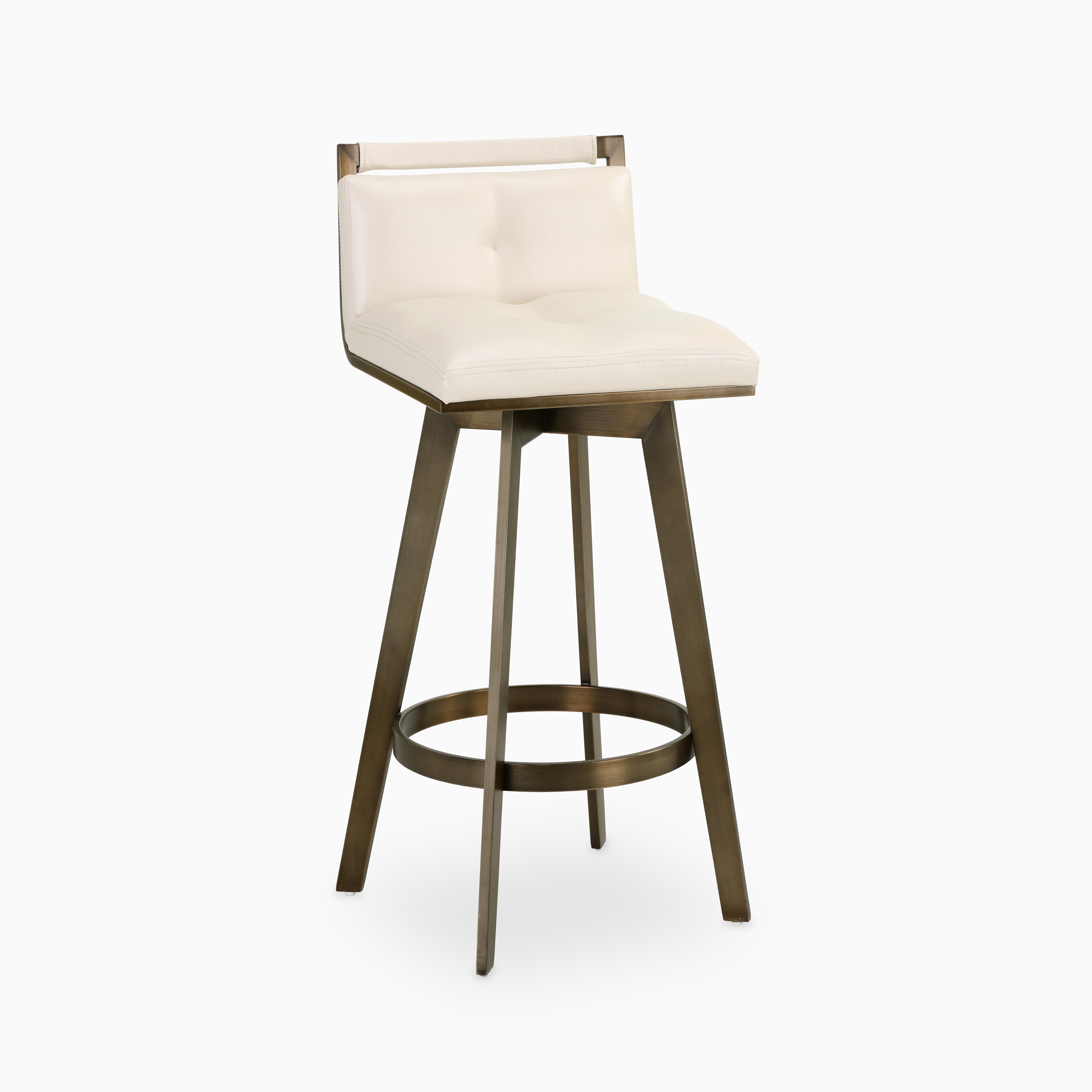 Swivel counter stool with tufted off-white leather seat, low backrest, and angular brushed brass base with a circular footrest.