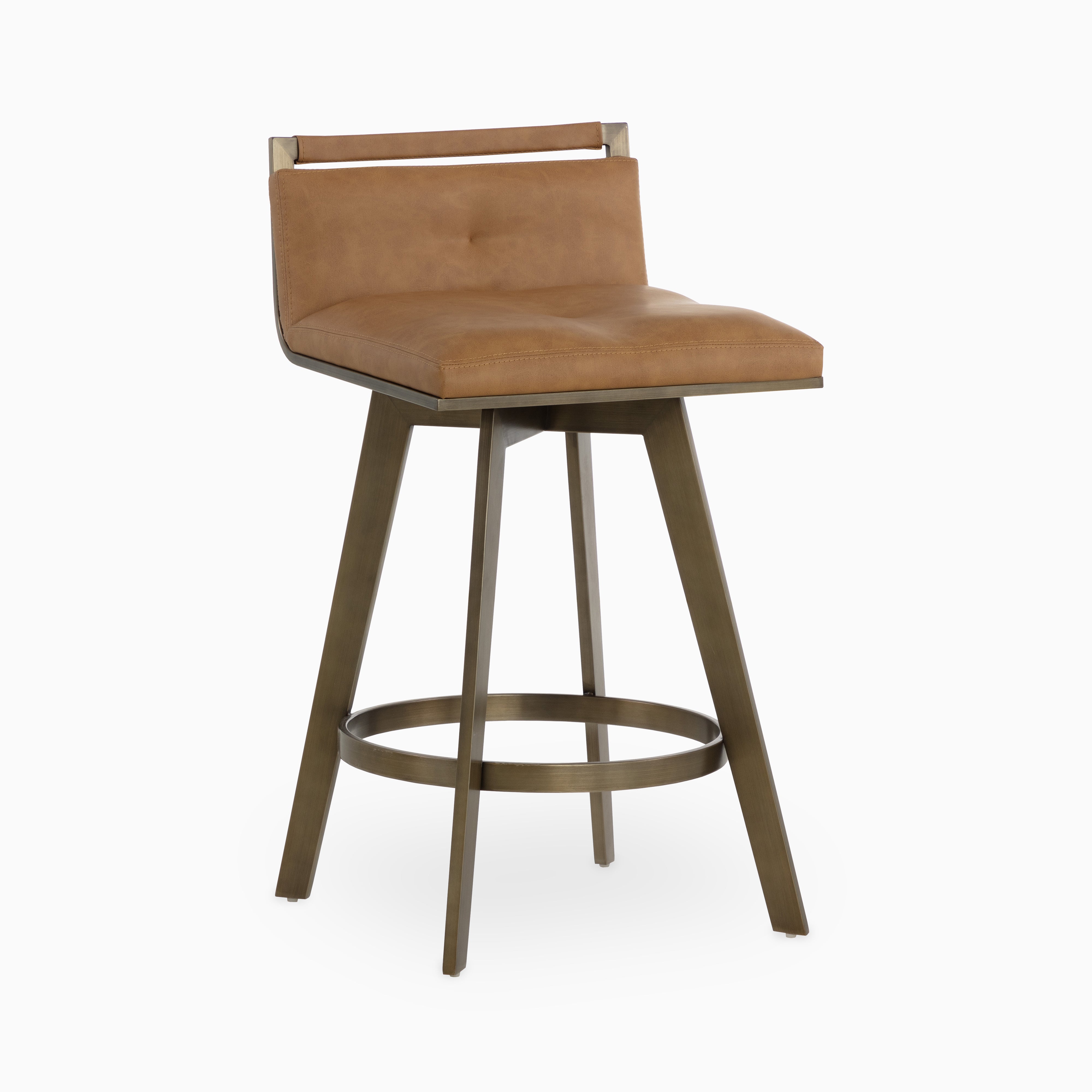 Swivel counter stool with brown leather seat, low backrest, and brushed brass angular base with circular footrest.