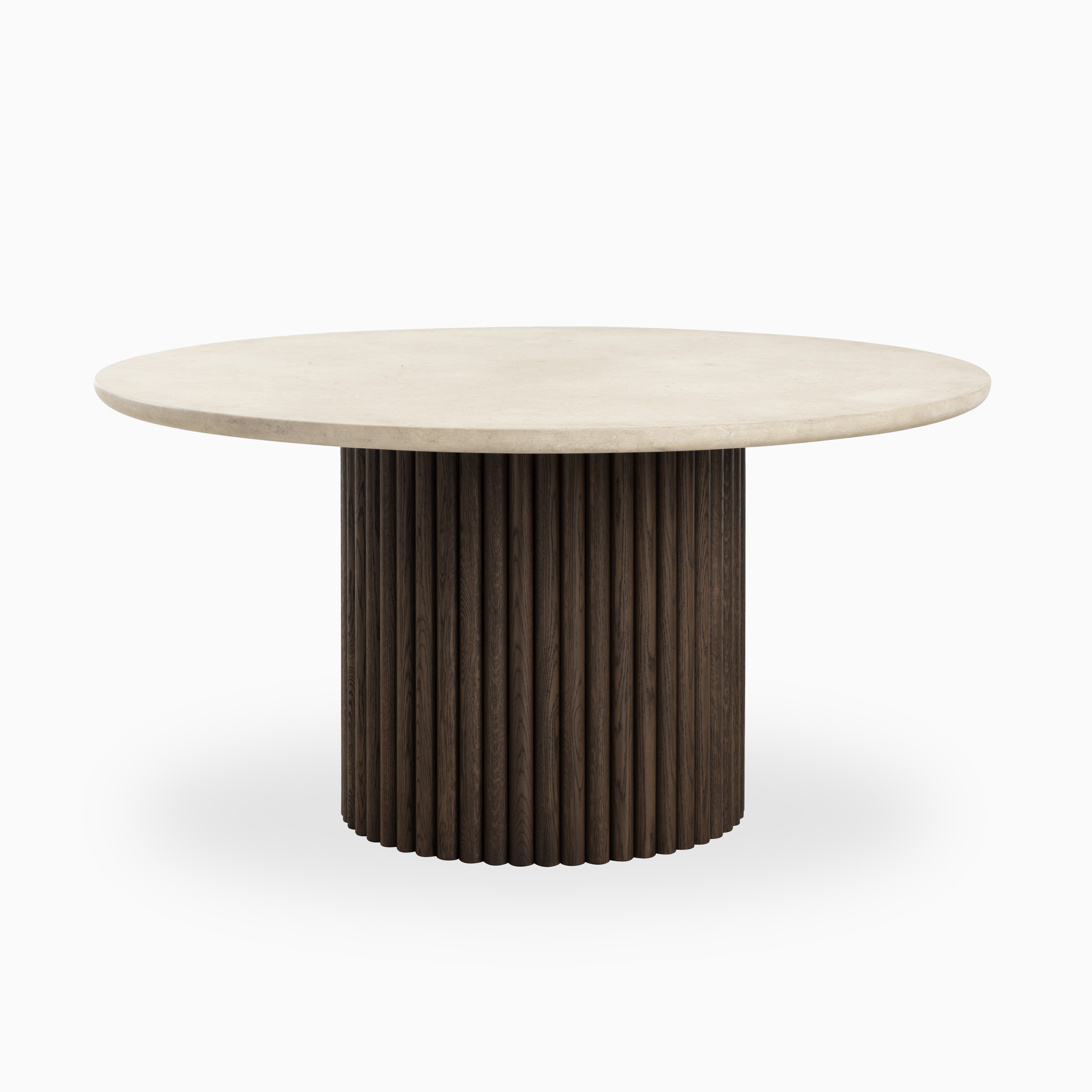 Round 59-inch dining table in brown with a smooth stone top and cylindrical slatted wood base, blending natural warmth with modern design.