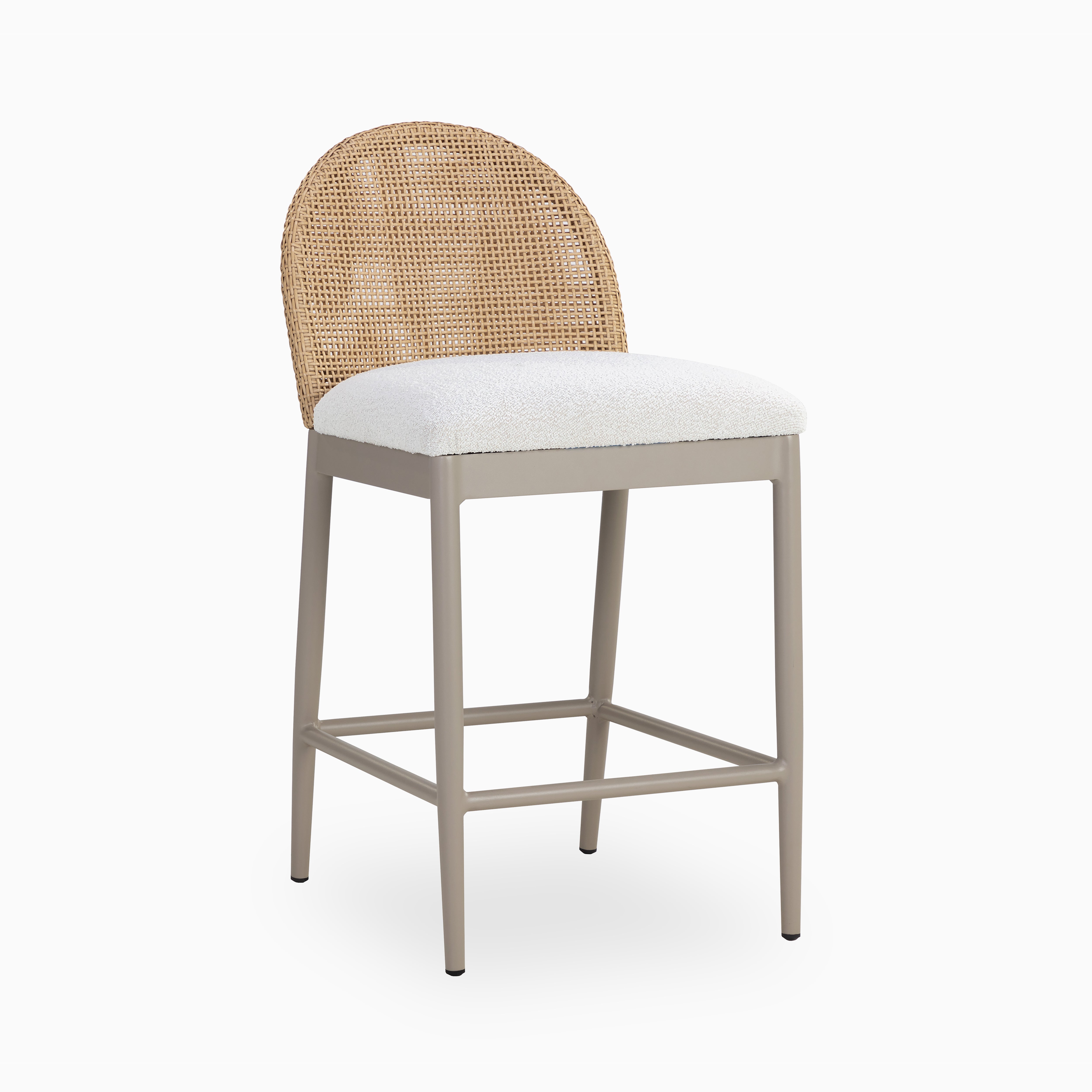 Counter stool with a rounded woven rattan backrest, white bouclé seat, and soft brown wood frame for a breezy modern look.