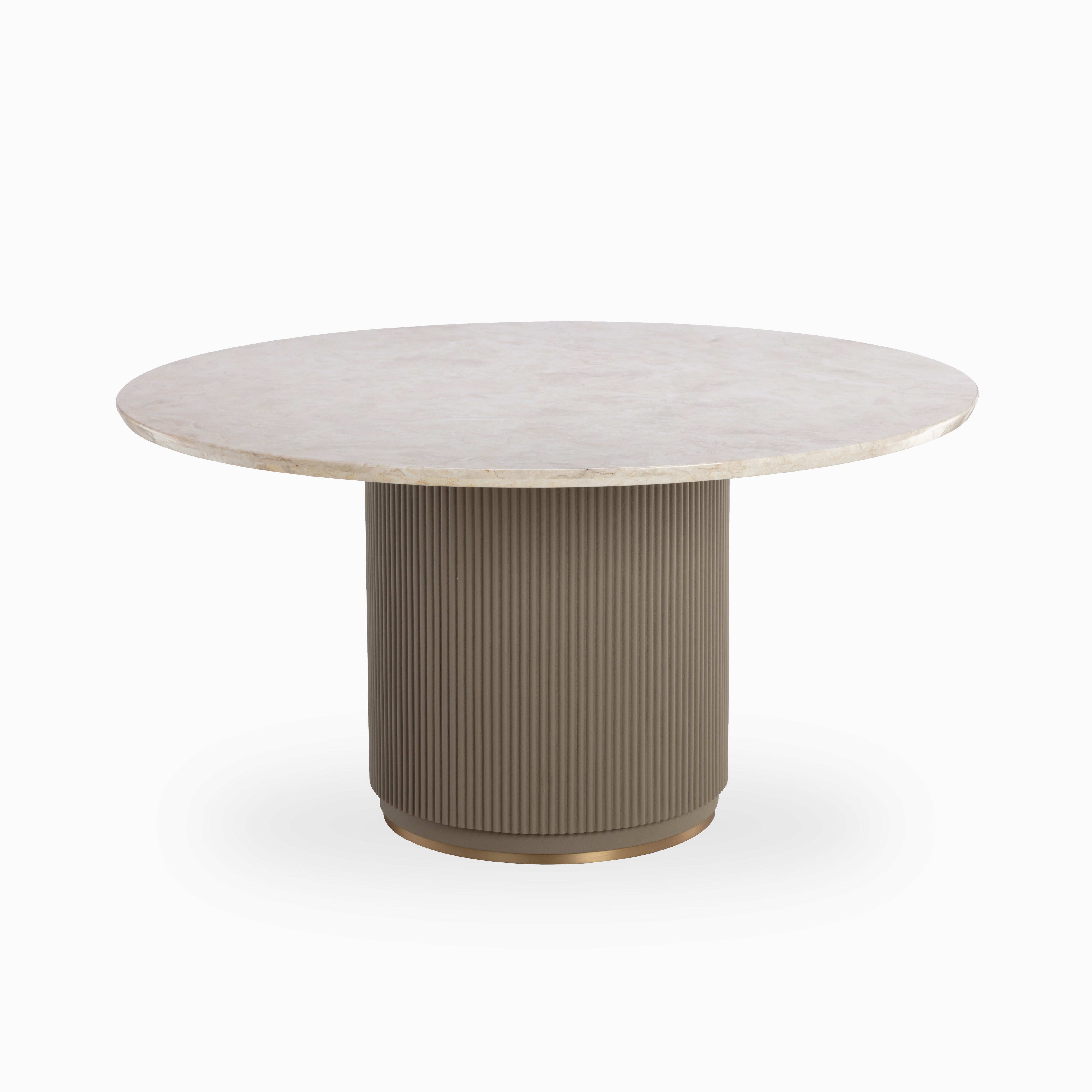 Round 59-inch dining table in taupe with a smooth stone top and ribbed cylindrical base, blending modern elegance with timeless design.