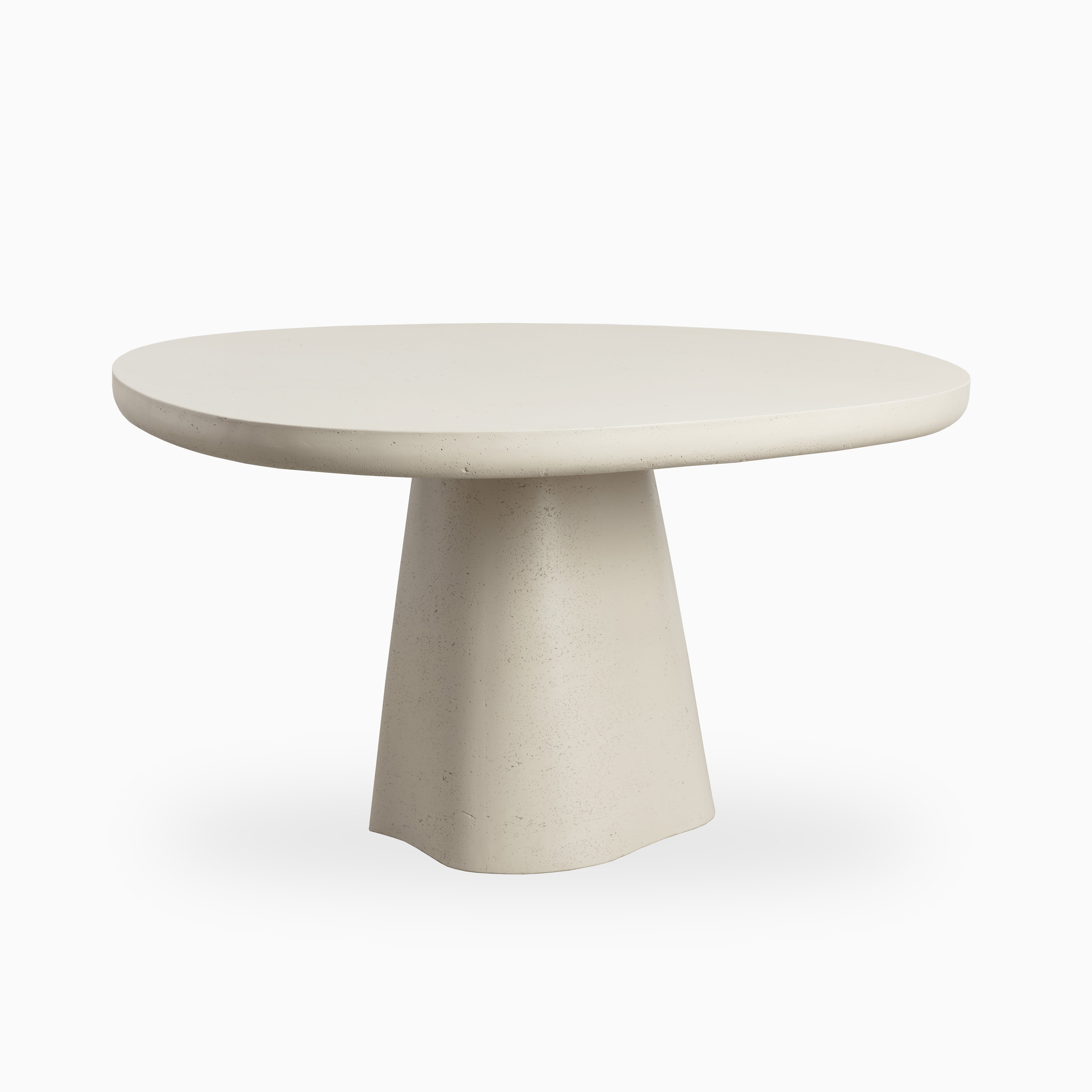 55" round outdoor dining table in cream finish with smooth top and sculptural pedestal base, blending modern form with minimalist design.