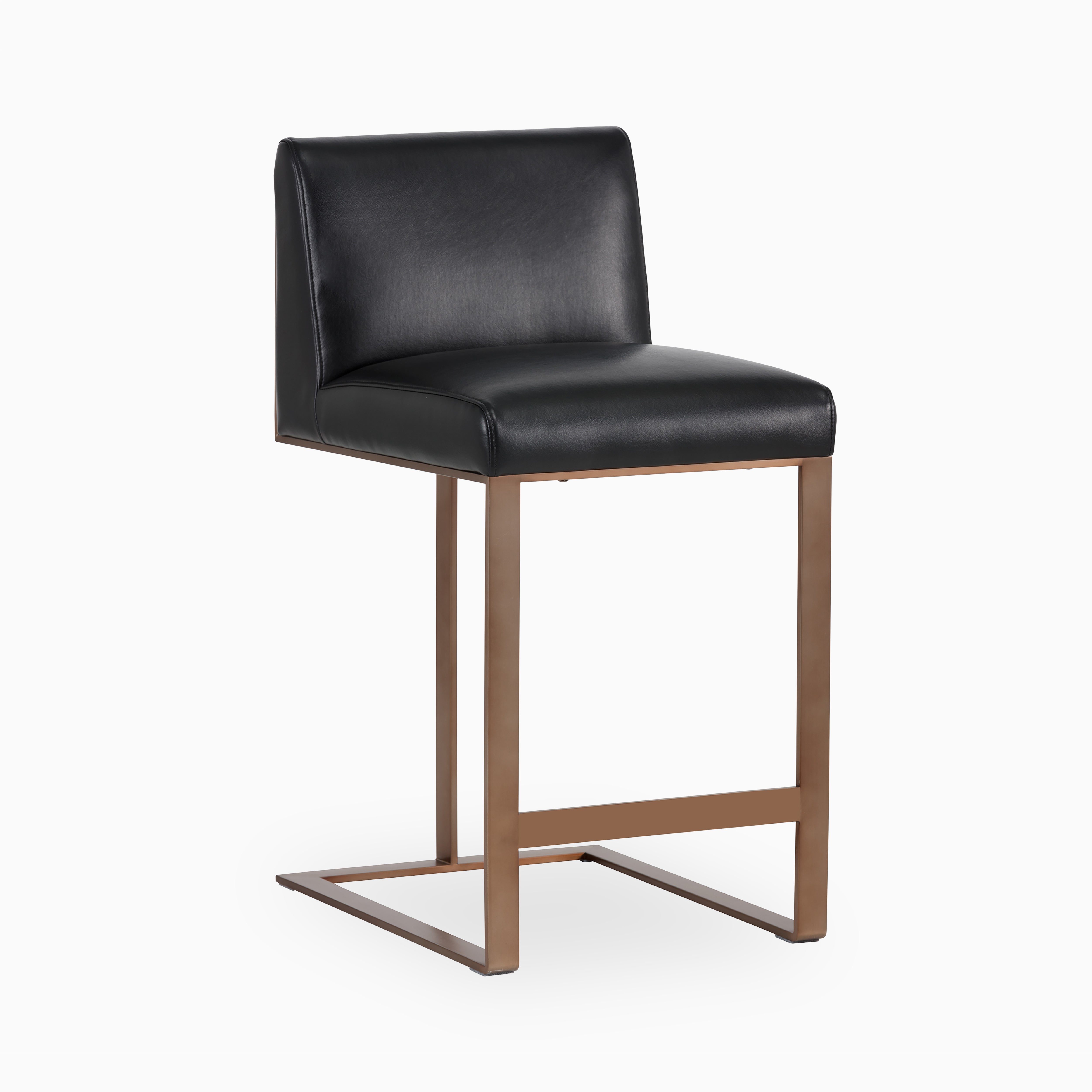 Sleek counter stool with black leather upholstery and a modern bronze cantilever base for a bold, contemporary edge.