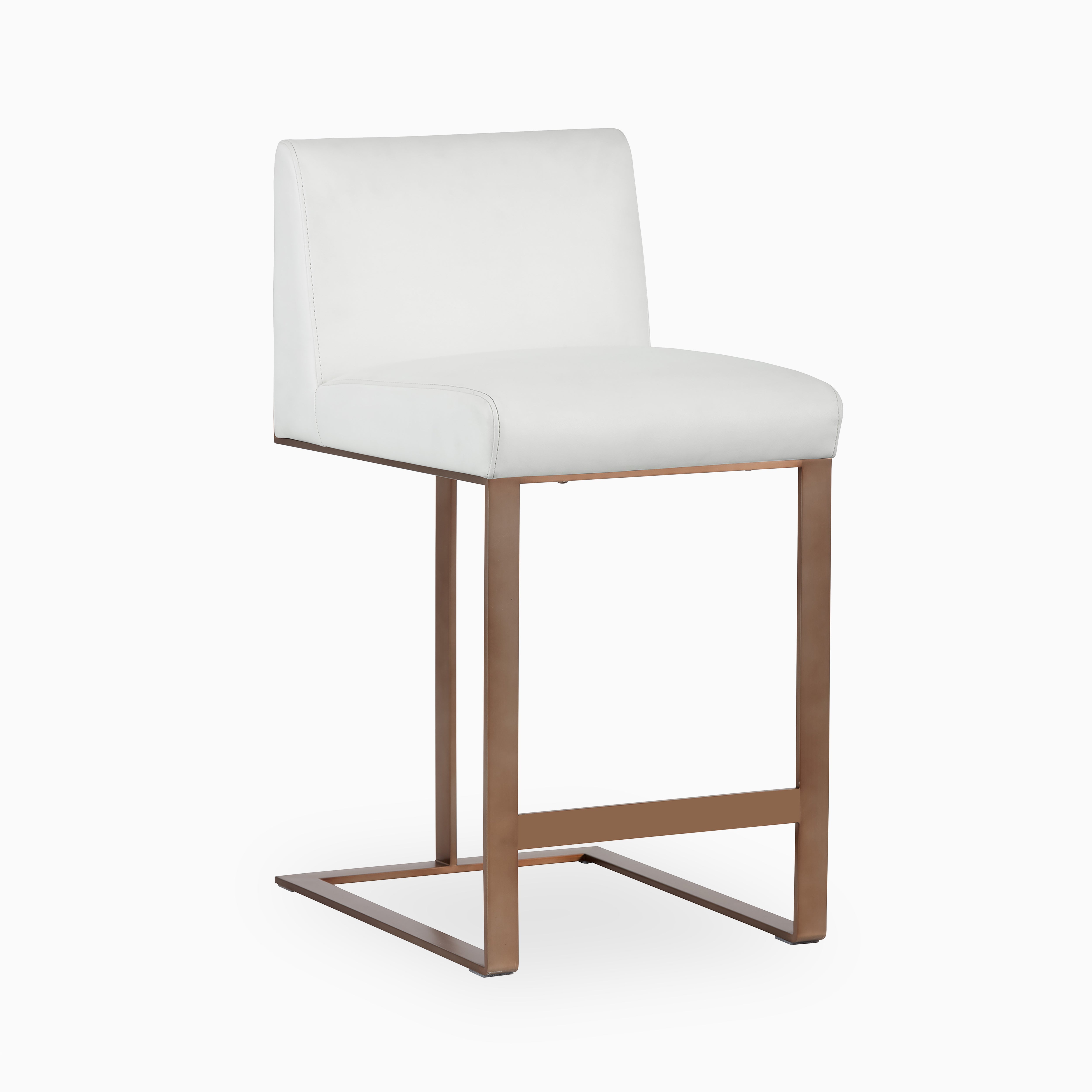 Modern counter stool with crisp white upholstery and a sleek bronze cantilever base for a clean, contemporary silhouette.