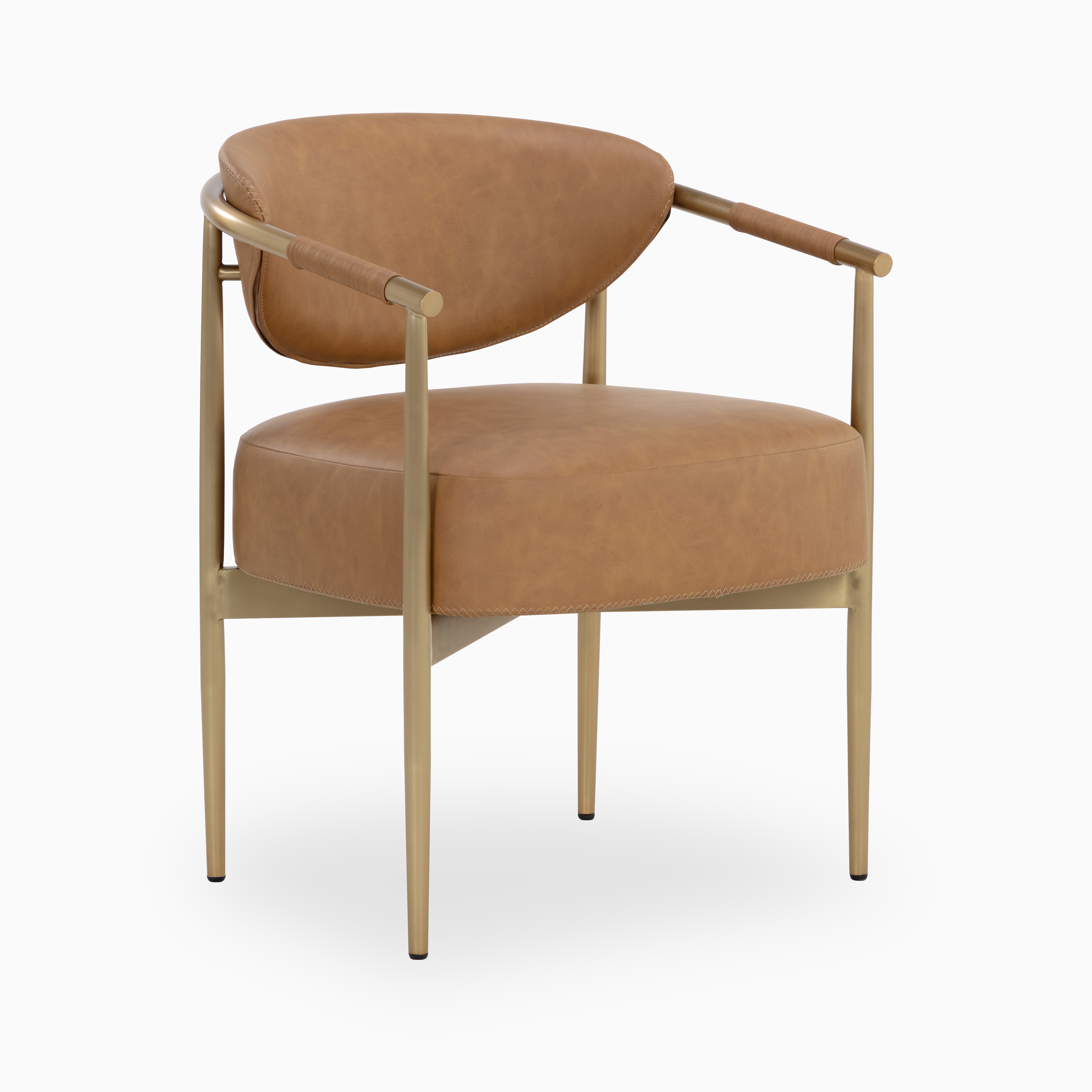Contemporary dining chair with a brown leather seat, curved backrest, and brushed brass frame for a sleek, sculptural look.