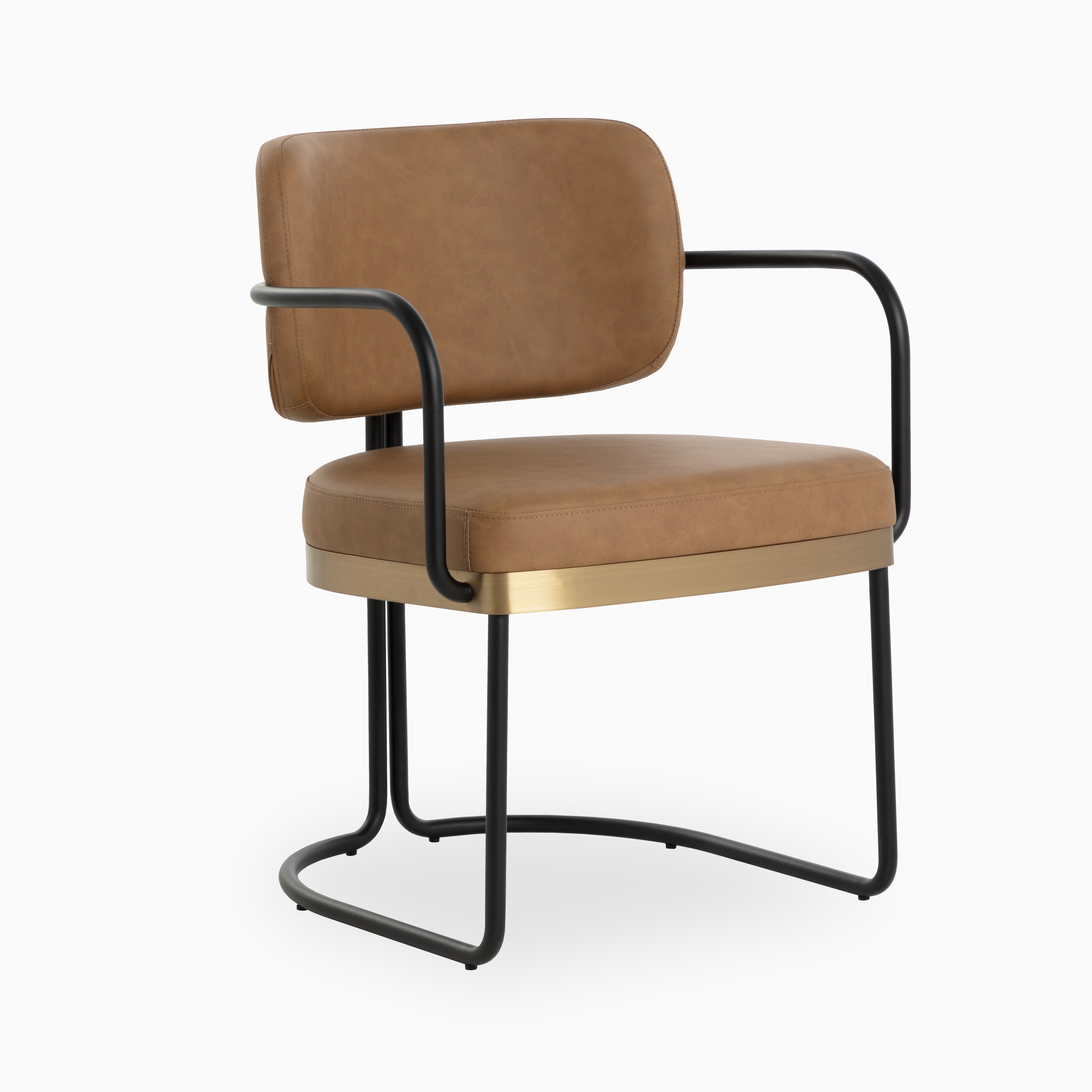 Mid-century dining chair with brown leather cushions, brass trim, and curved black metal frame for a sleek, retro vibe.