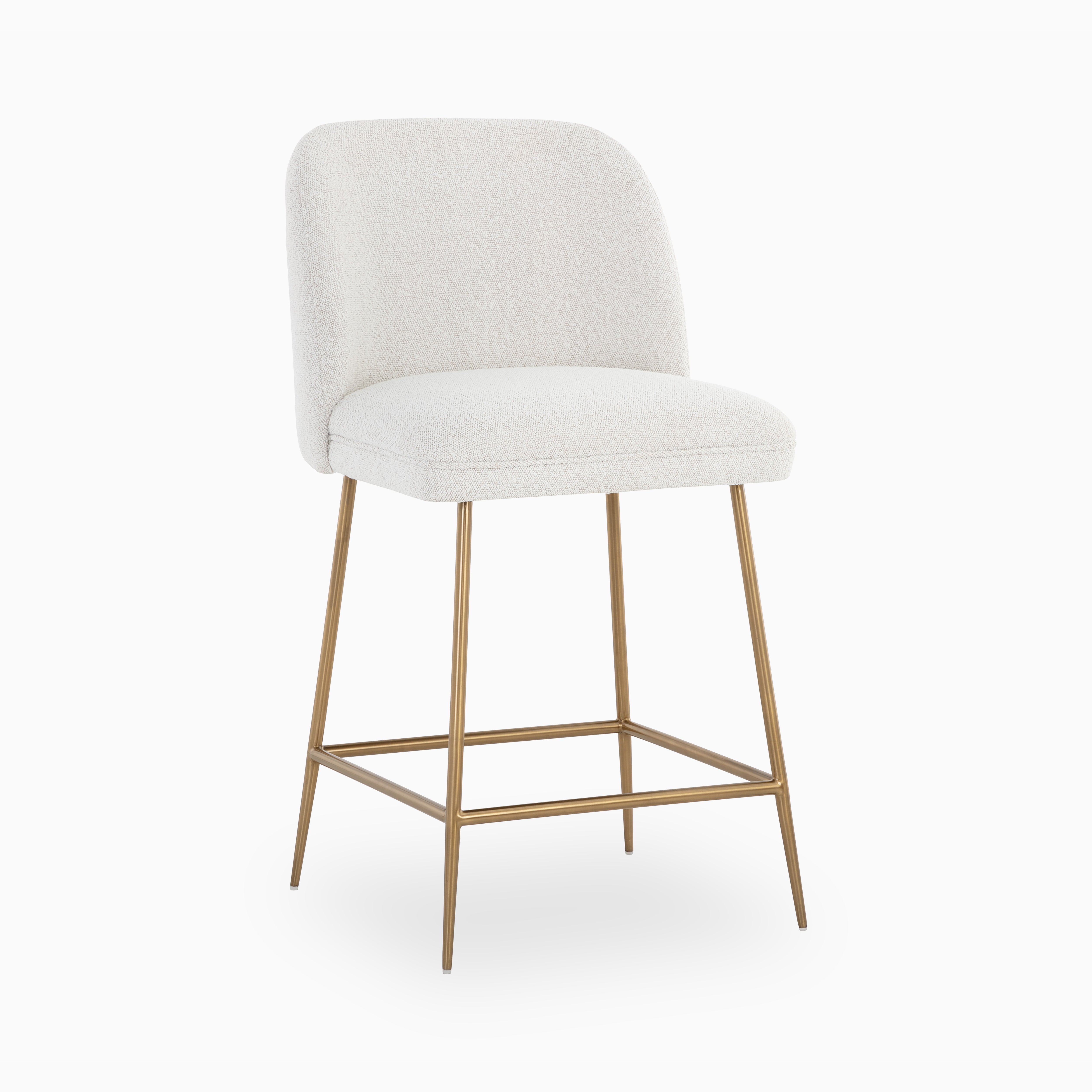 Upholstered counter stool in a white boucle-style fabric, supported by slender gold legs with a footrest for a balanced, contemporary look.