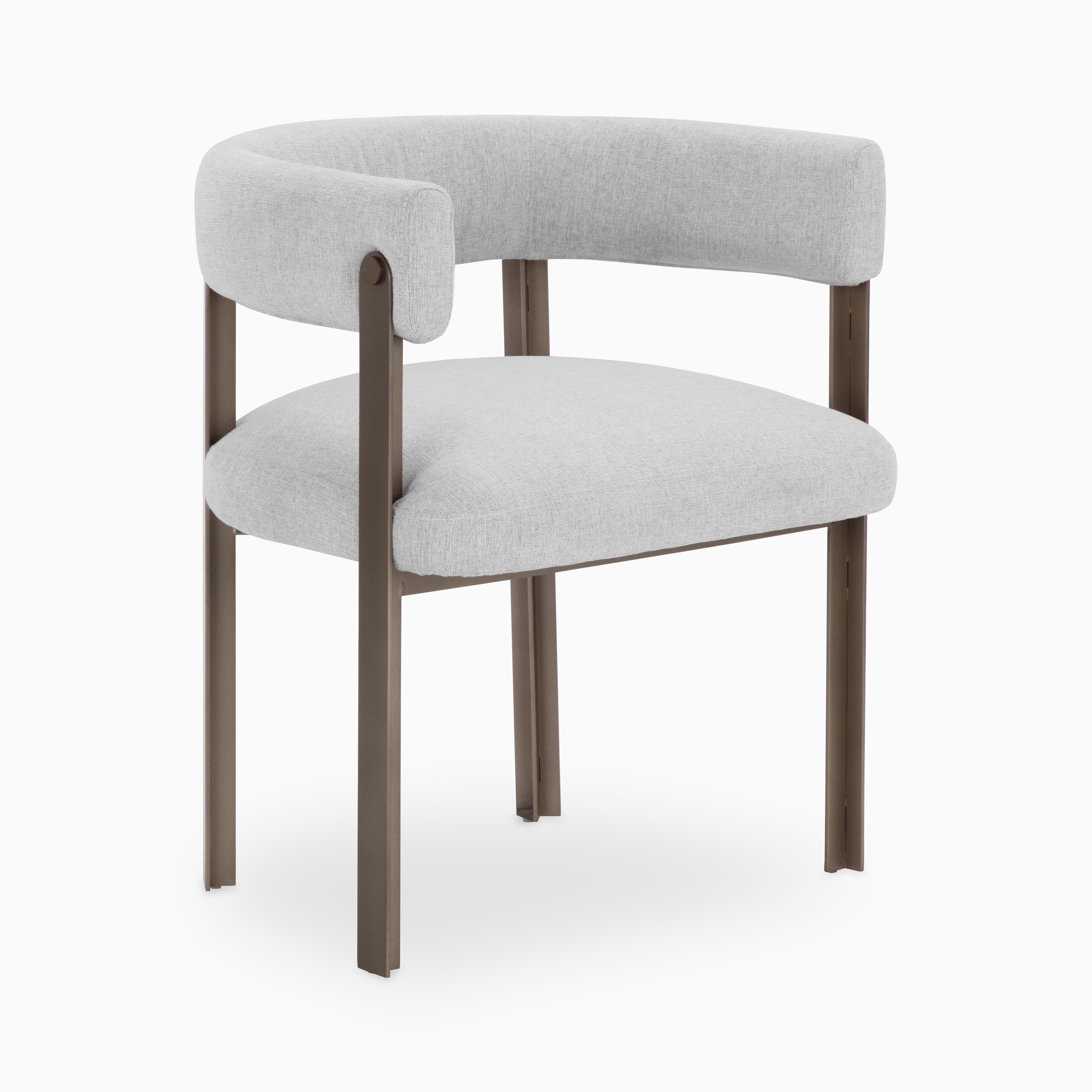 Modern barrel-back dining chair with light grey upholstery and a brown-finished metal frame, blending comfort with minimalist style.