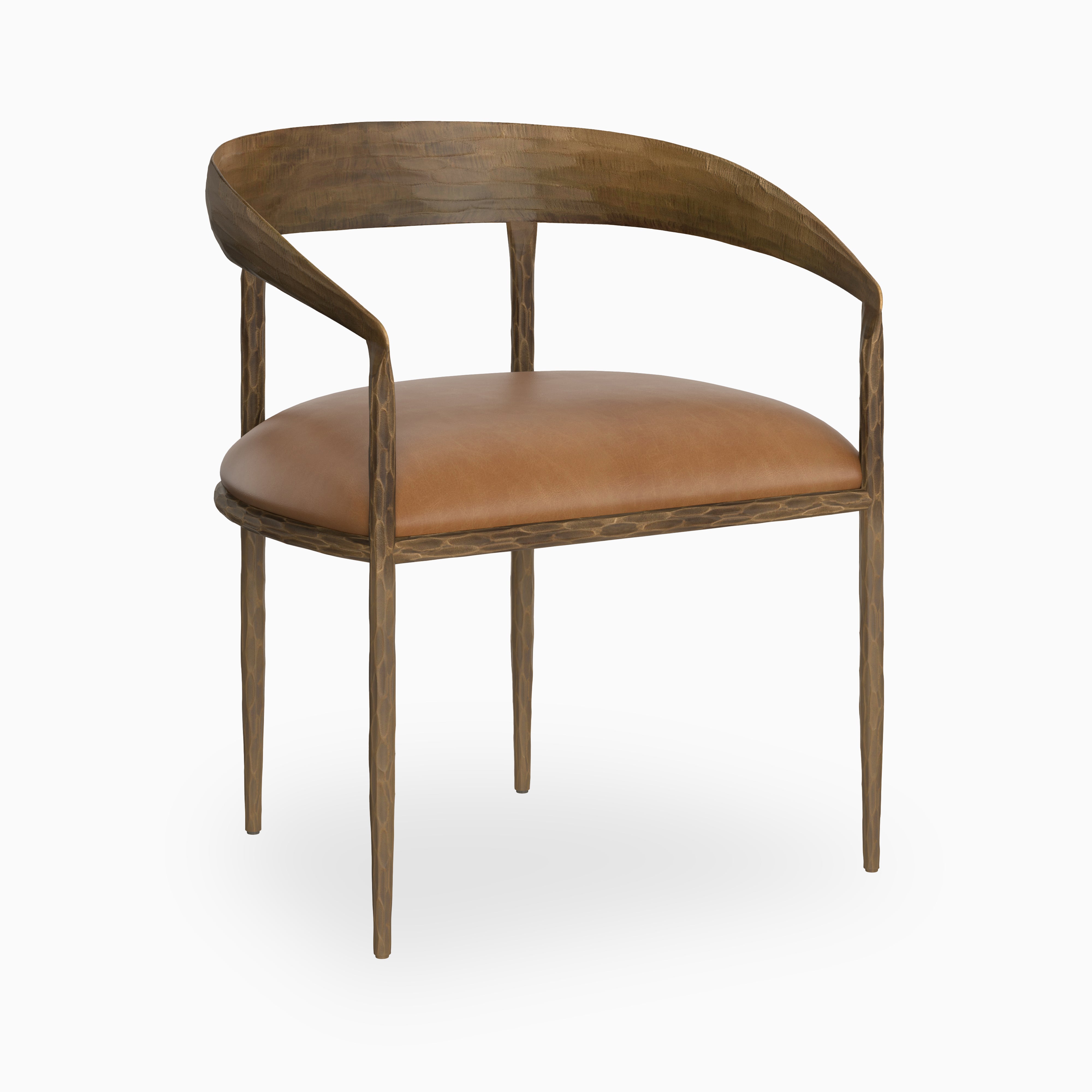Curved-back dining chair with a hammered brown frame and smooth camel leather seat, offering refined, sculptural elegance.