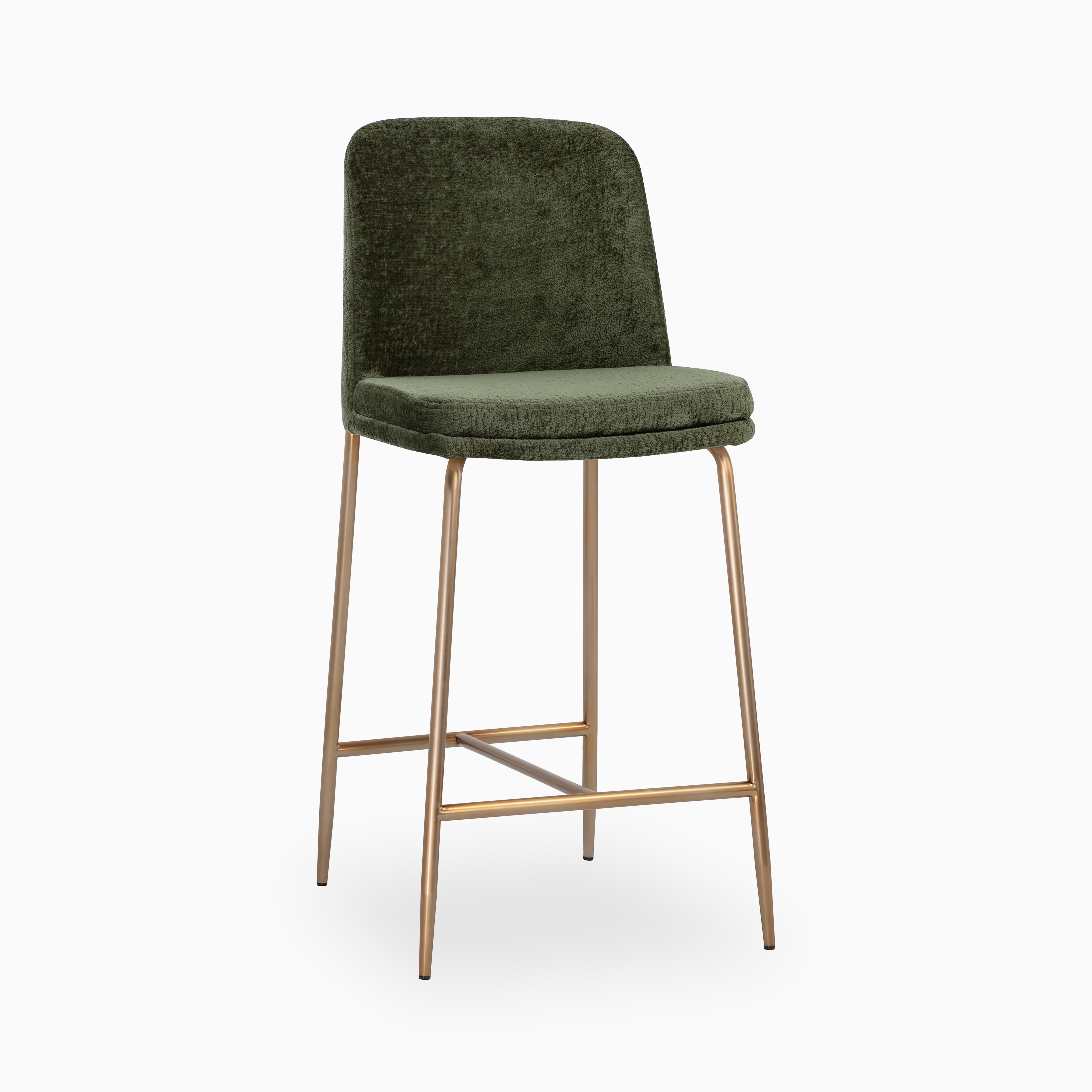 Counter stool featuring deep green cushioning and sleek golden legs, blending comfort with a refined, contemporary look.