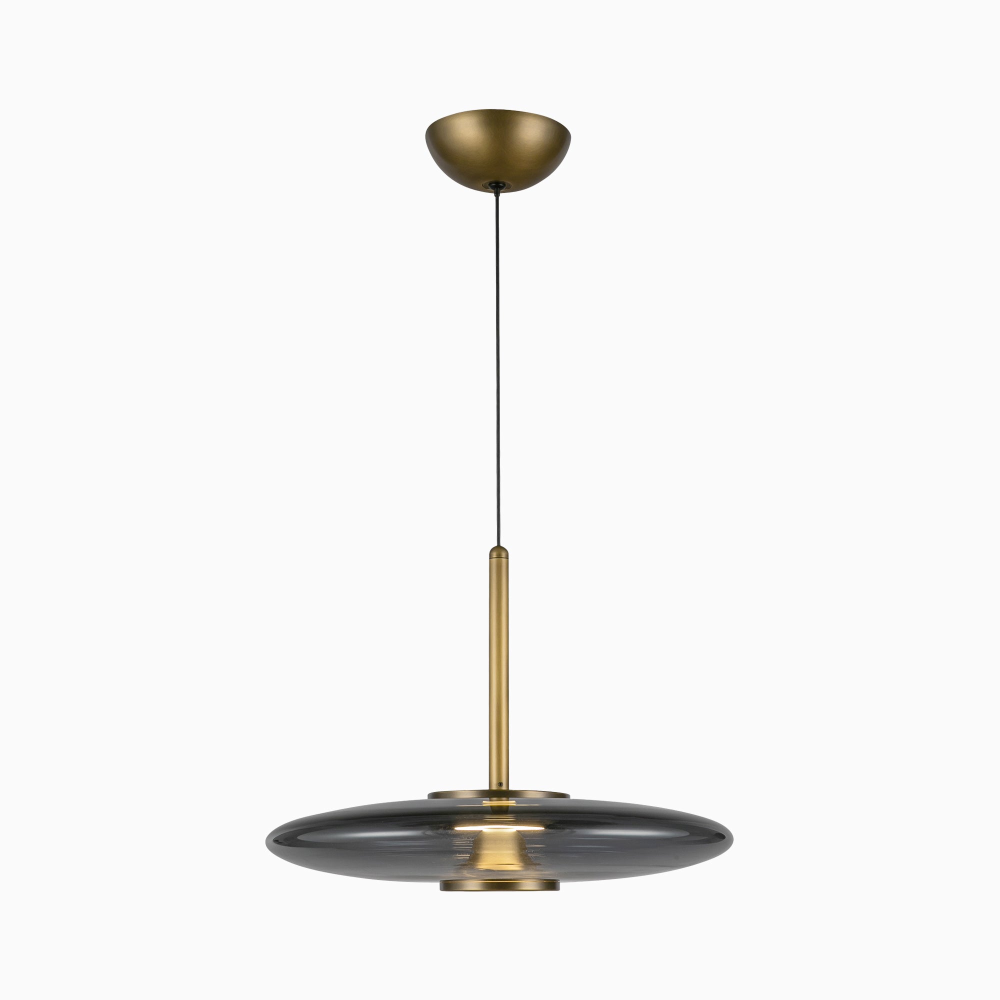 Adler 17" LED Pendant in Vintage Brass/Smoked Glass, Universal Voltage
