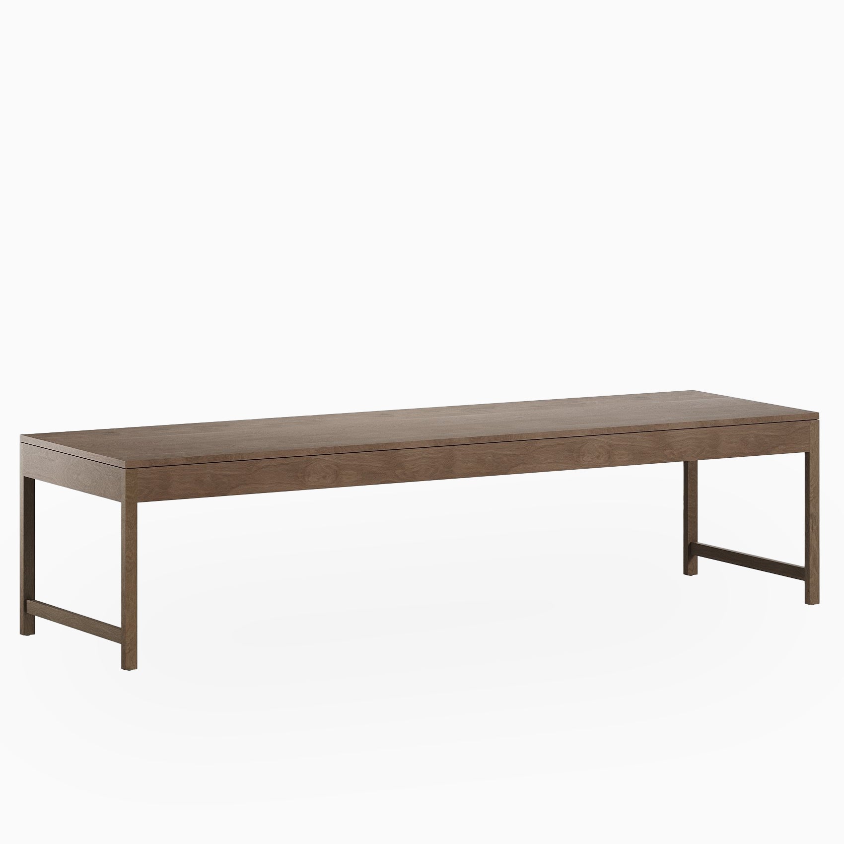 In a soft matte walnut brown, the Thibault Walnut Dining Table, sized at 120" × 36", features a long rectangular top with visible wood grain and a light, minimalist base.