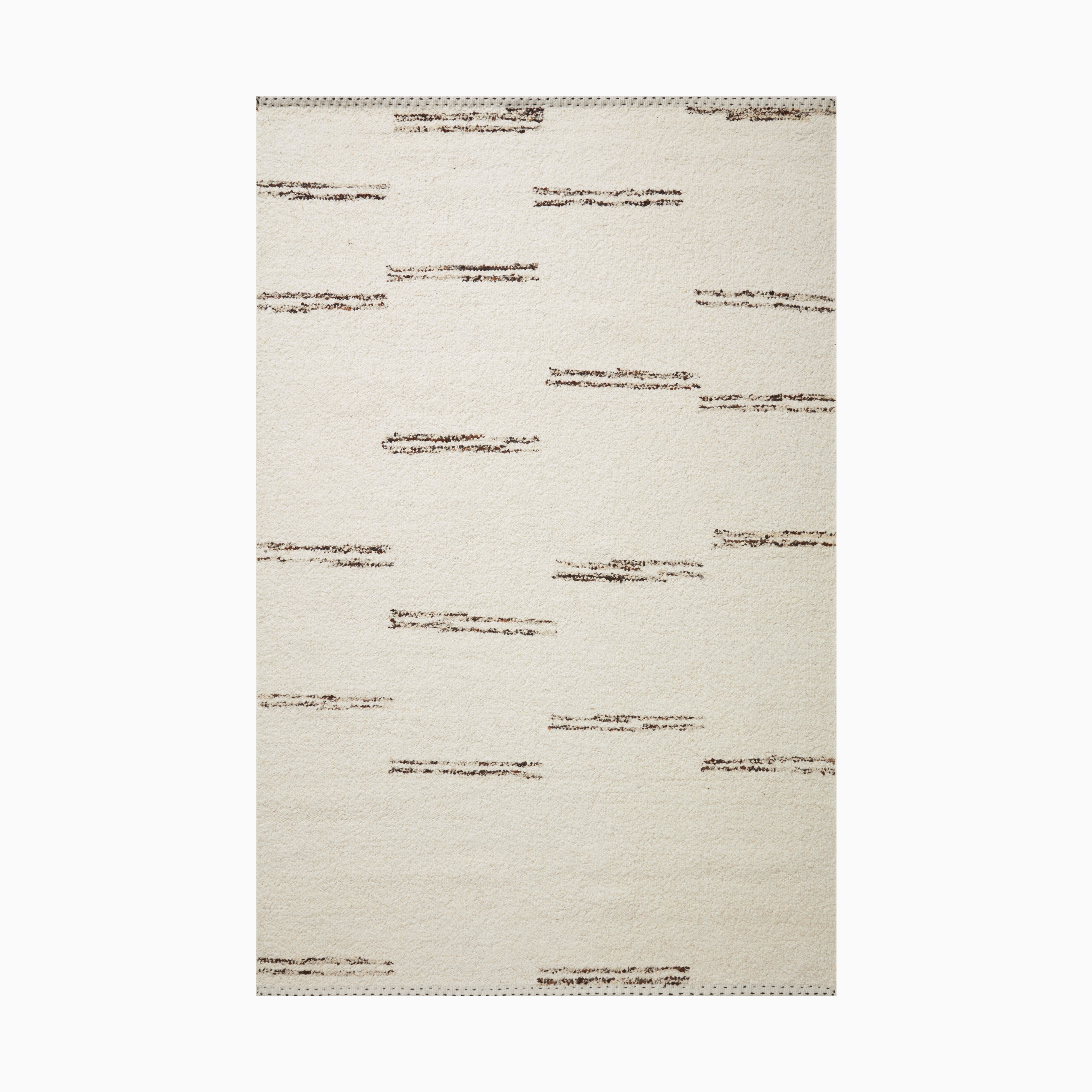 Minimalist hand woven rug made of wool, cotton and rayon with an off-white background and scattered, irregular brown linear accents for a modern, organic feel.