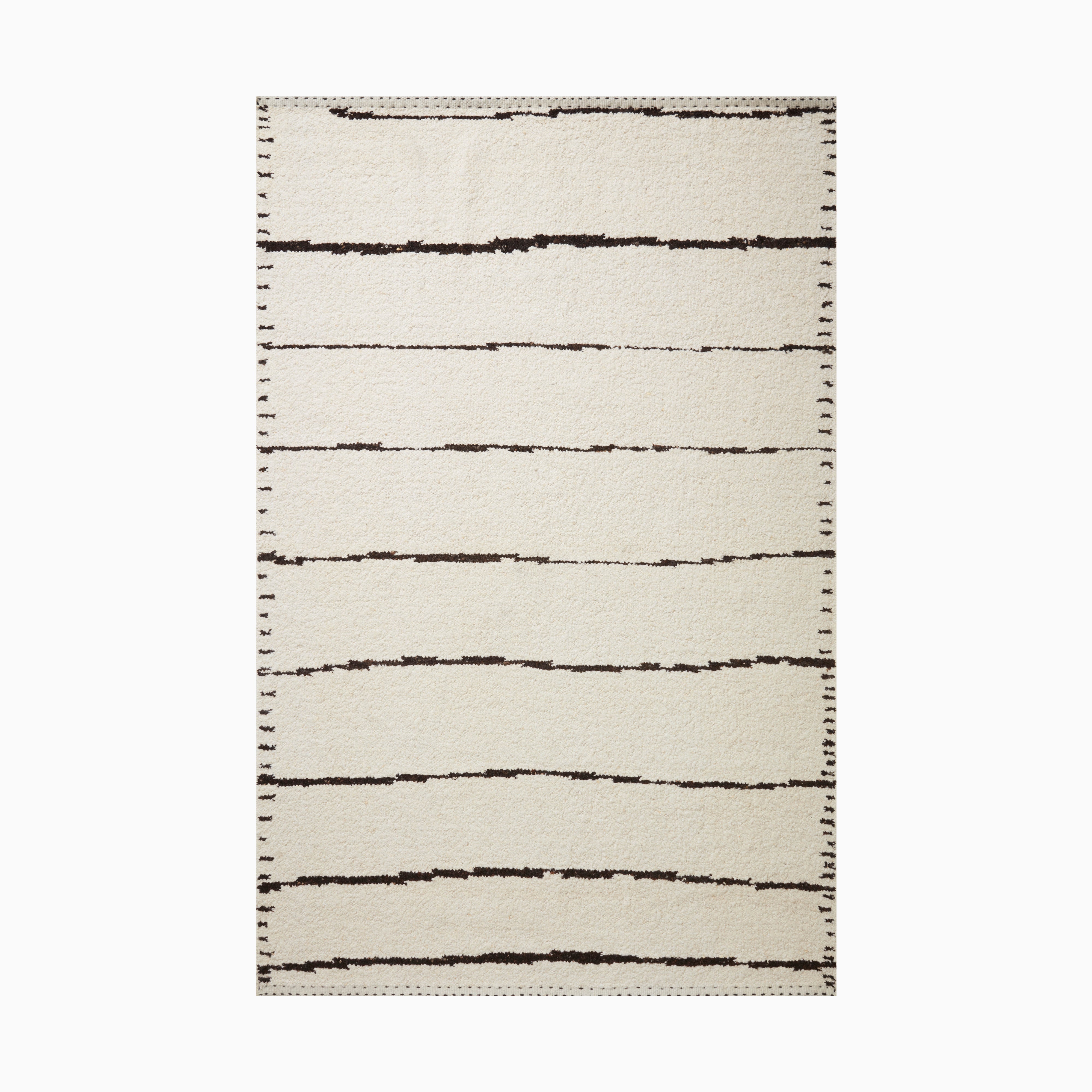 Handwoven rug made of wool, cotton and rayon with an off-white background and irregular black horizontal stripes, creating a modern yet organic look.