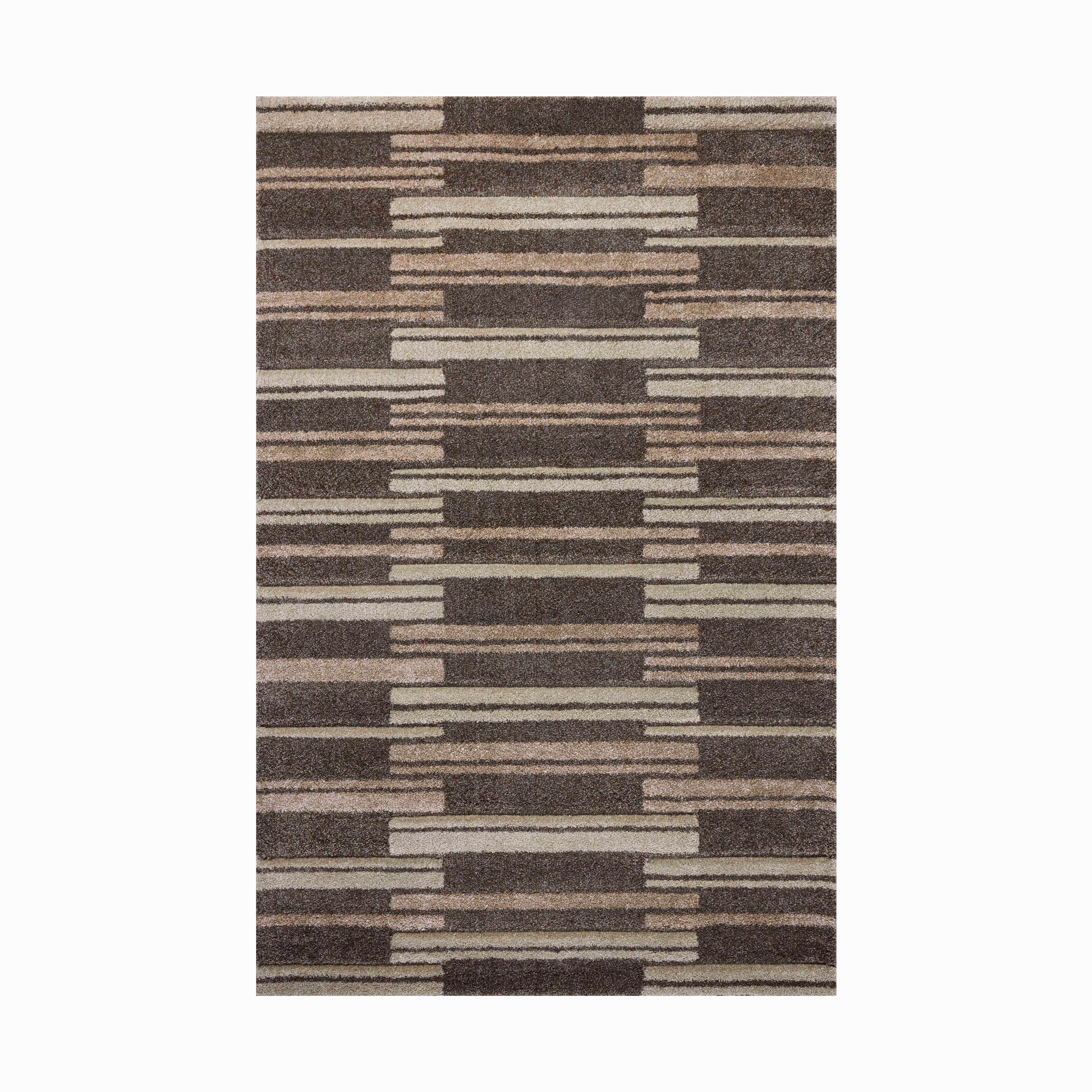 Power loomed rug from Egypt made of polypropylene, featuring an abstract linear pattern in earthy brown, beige, and taupe tones.