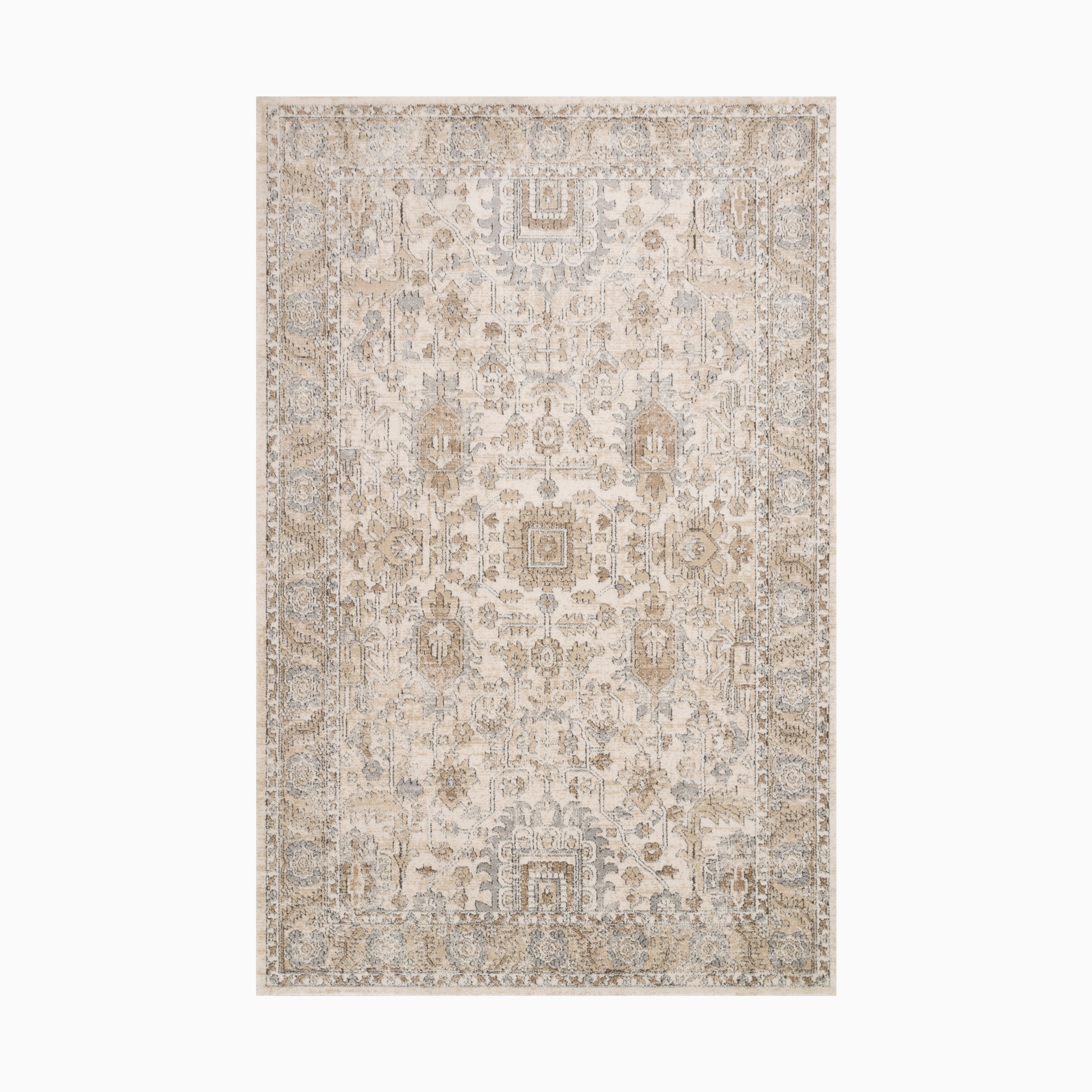 Power loomed area rug made of polypropylene and polyester, featuring an intricate Persian-inspired design in distressed ivory, beige, and gray tones, exuding timeless elegance.