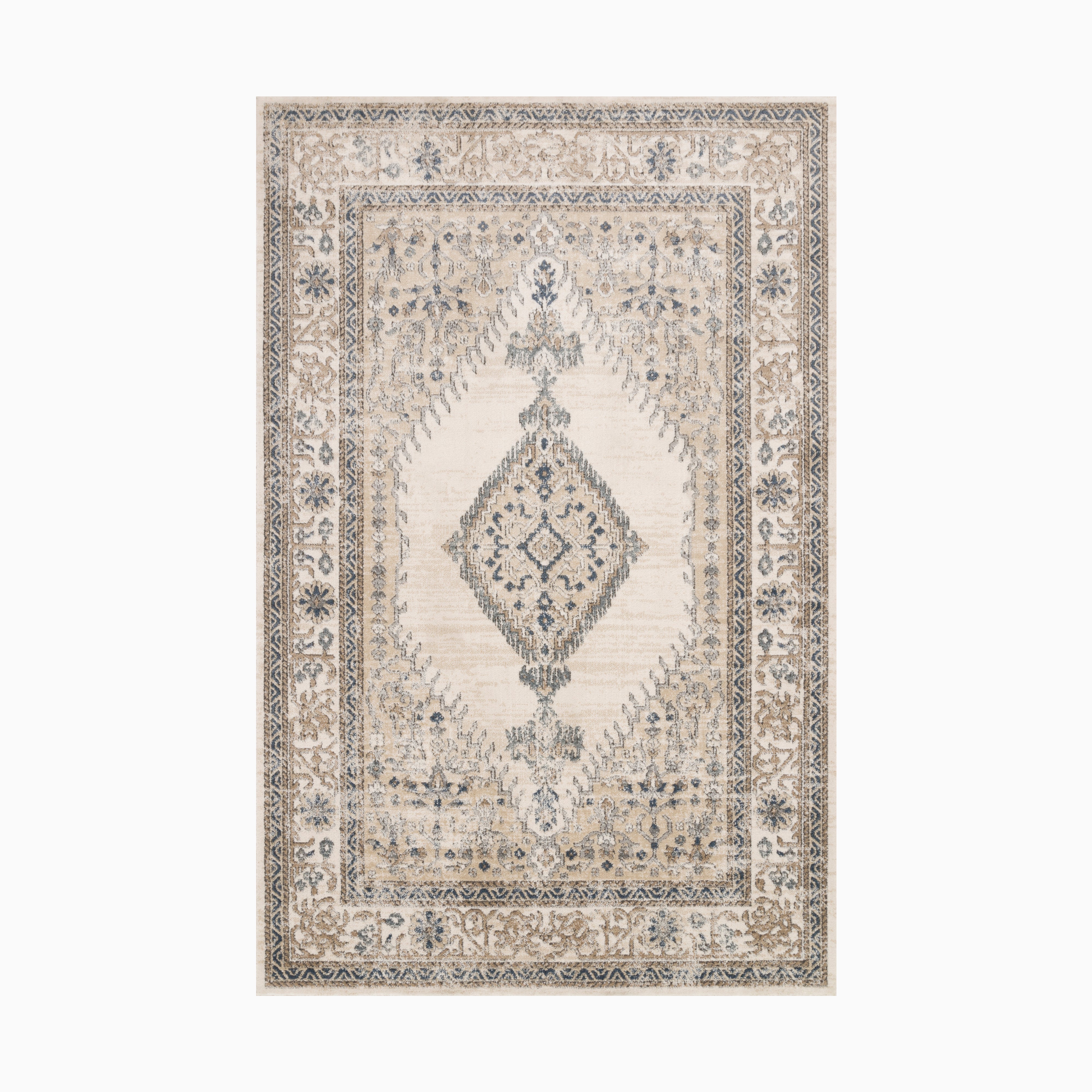 Power loomed area rug made of polypropylene and polyester, featuring an ornate diamond medallion design in distressed beige, ivory, and blue tones for timeless elegance.