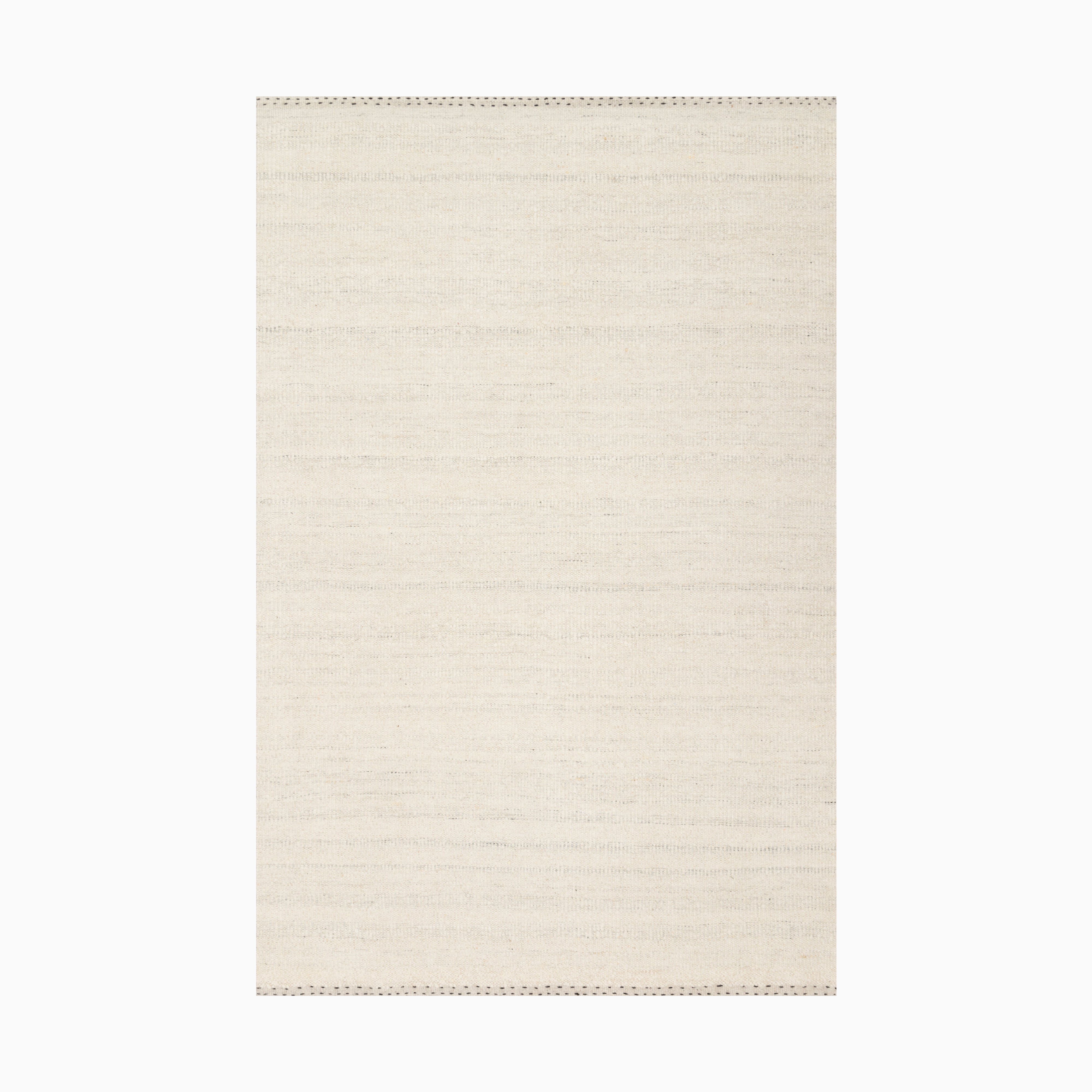 Cream-colored handwoven rug made of wool, cotton, and polyester, featuring a subtle woven texture and soft horizontal striations, evoking a natural, fabric-like elegance.