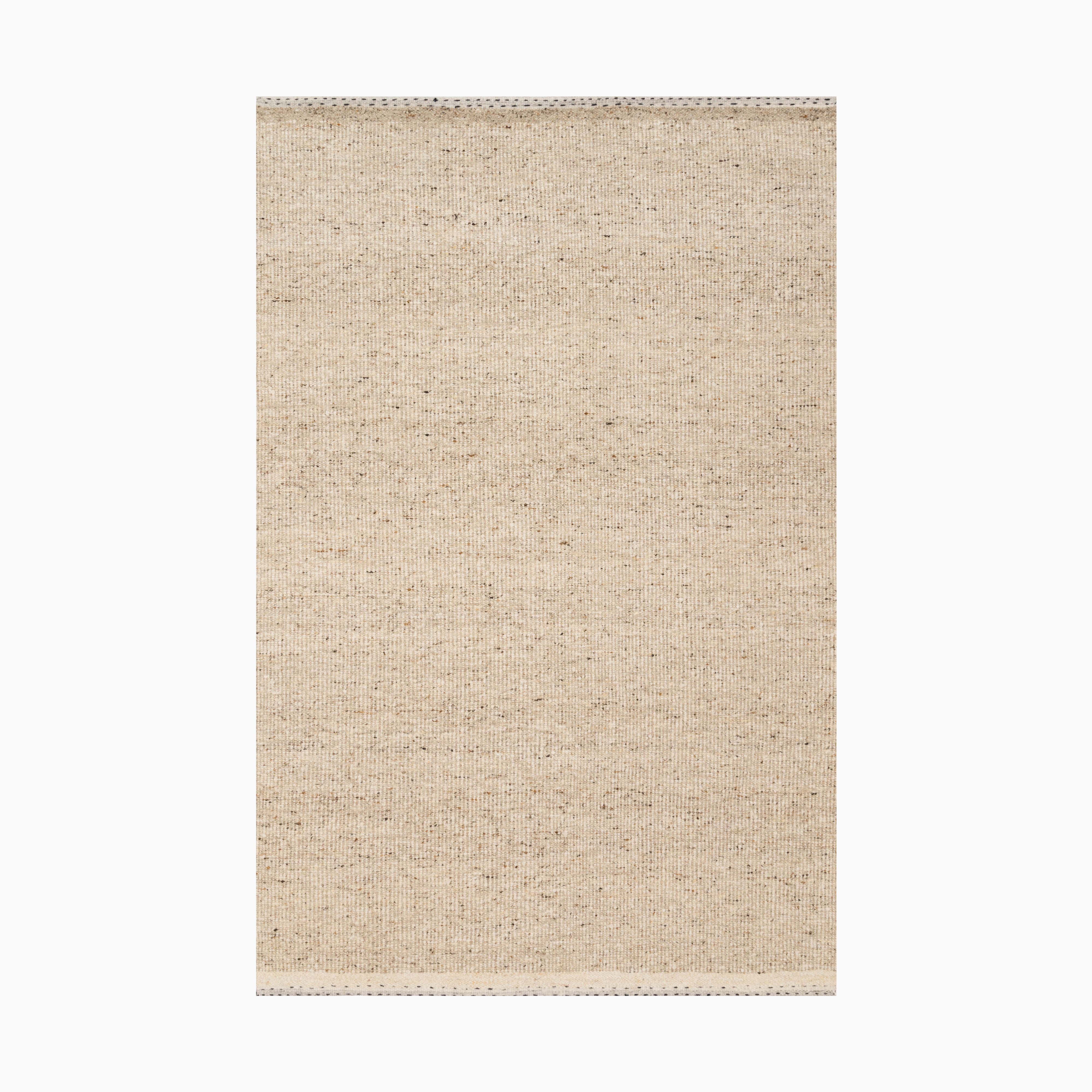 Warm beige handwoven rug made of wool, cotton, and polyester, featuring a finely textured, fabric-like surface and subtle speckled details for a natural, organic feel.