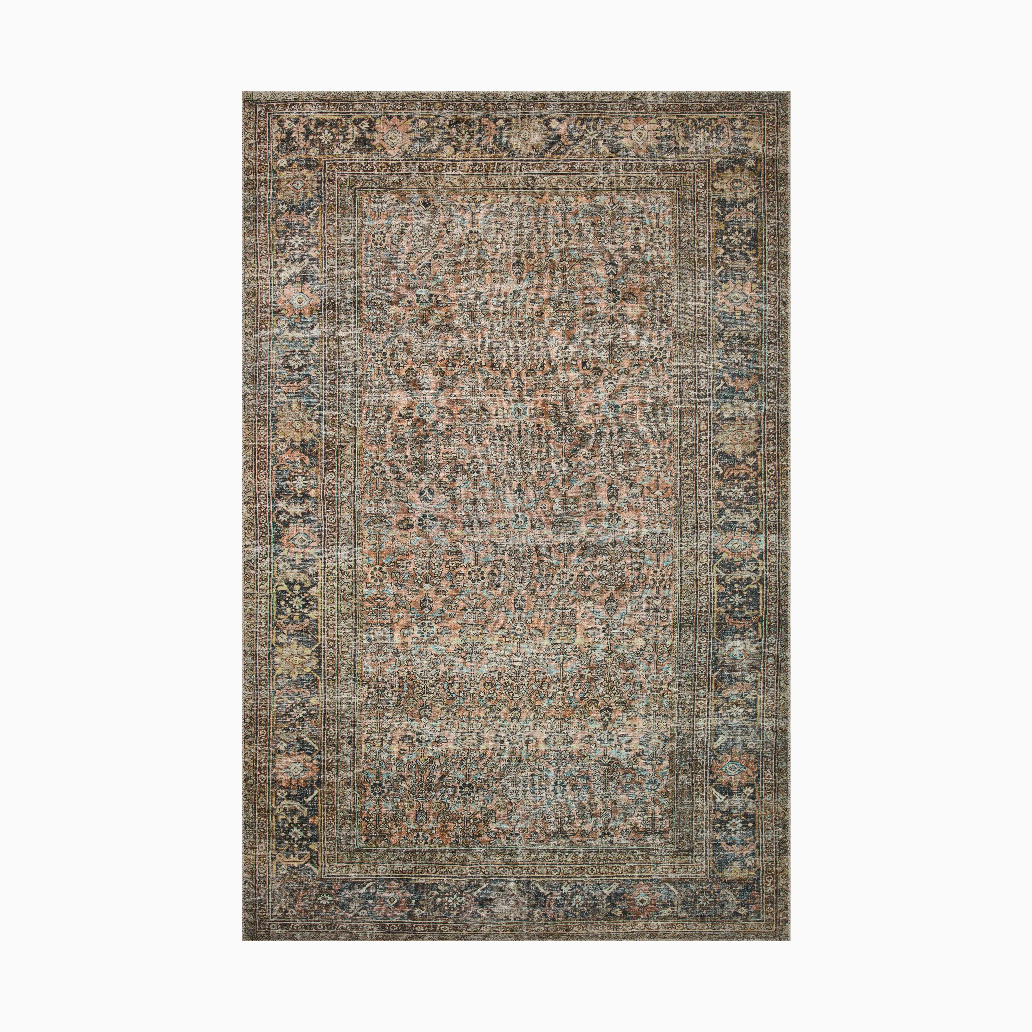 Vintage-style power loomed rug made of polyester with an intricate Persian-inspired pattern in muted rust, blue, and beige tones, evoking timeless elegance.