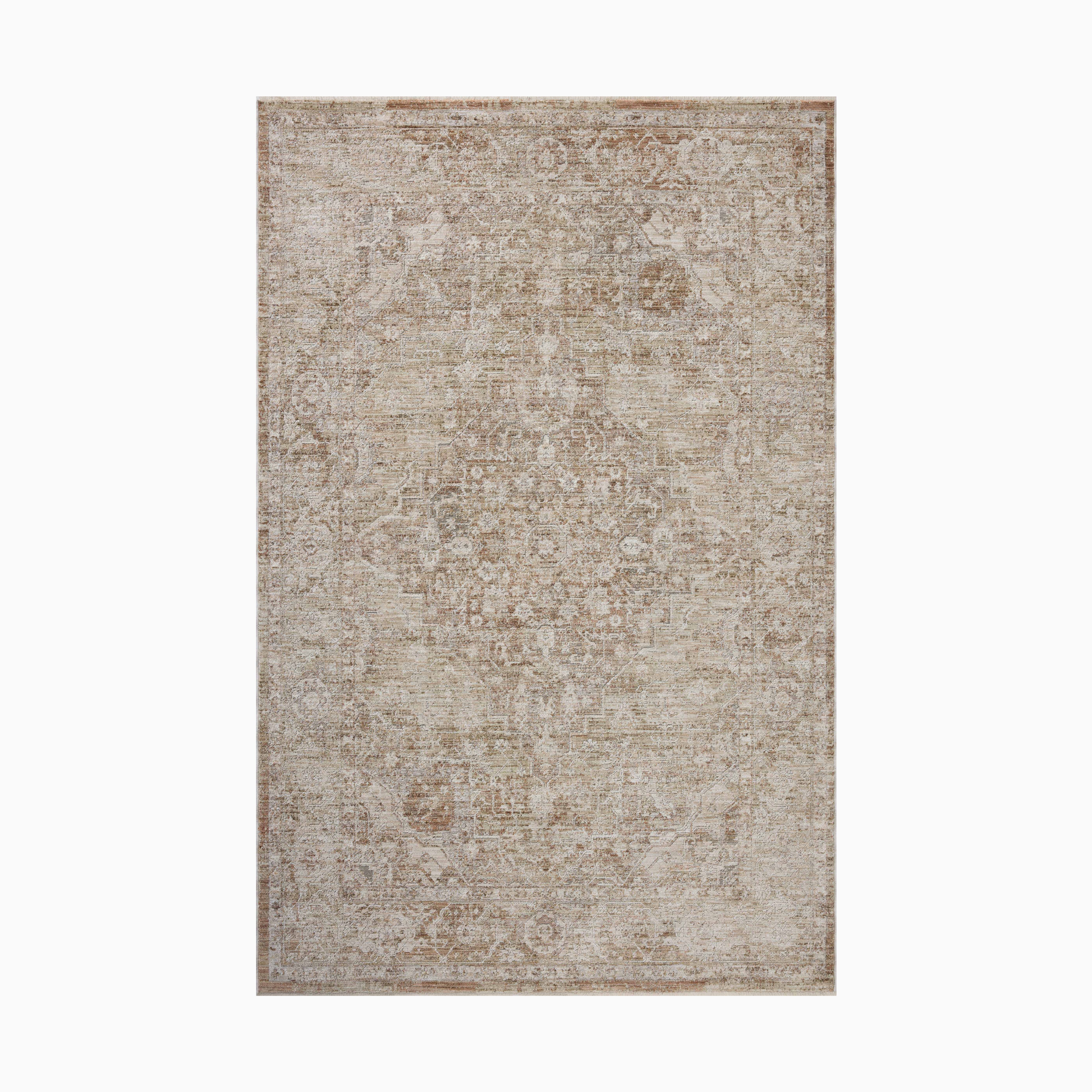 Faded Persian-style power loomed rug in warm beige and taupe tones made of polyester, featuring an intricate medallion design for a timeless, vintage appeal.