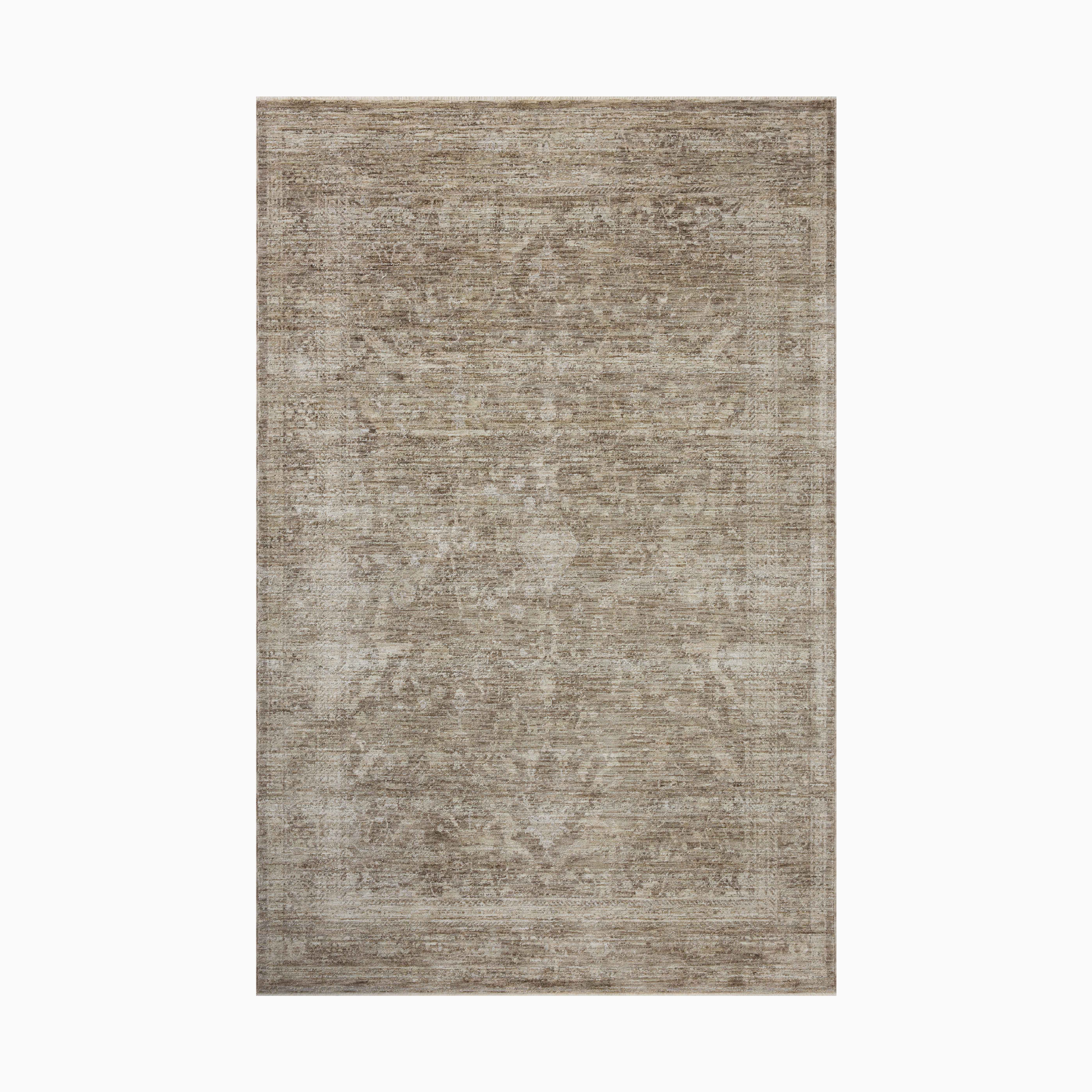 Distressed Persian-style power loomed rug in warm taupe and beige tones made of polyester, featuring a faded medallion pattern for a timeless, vintage aesthetic.