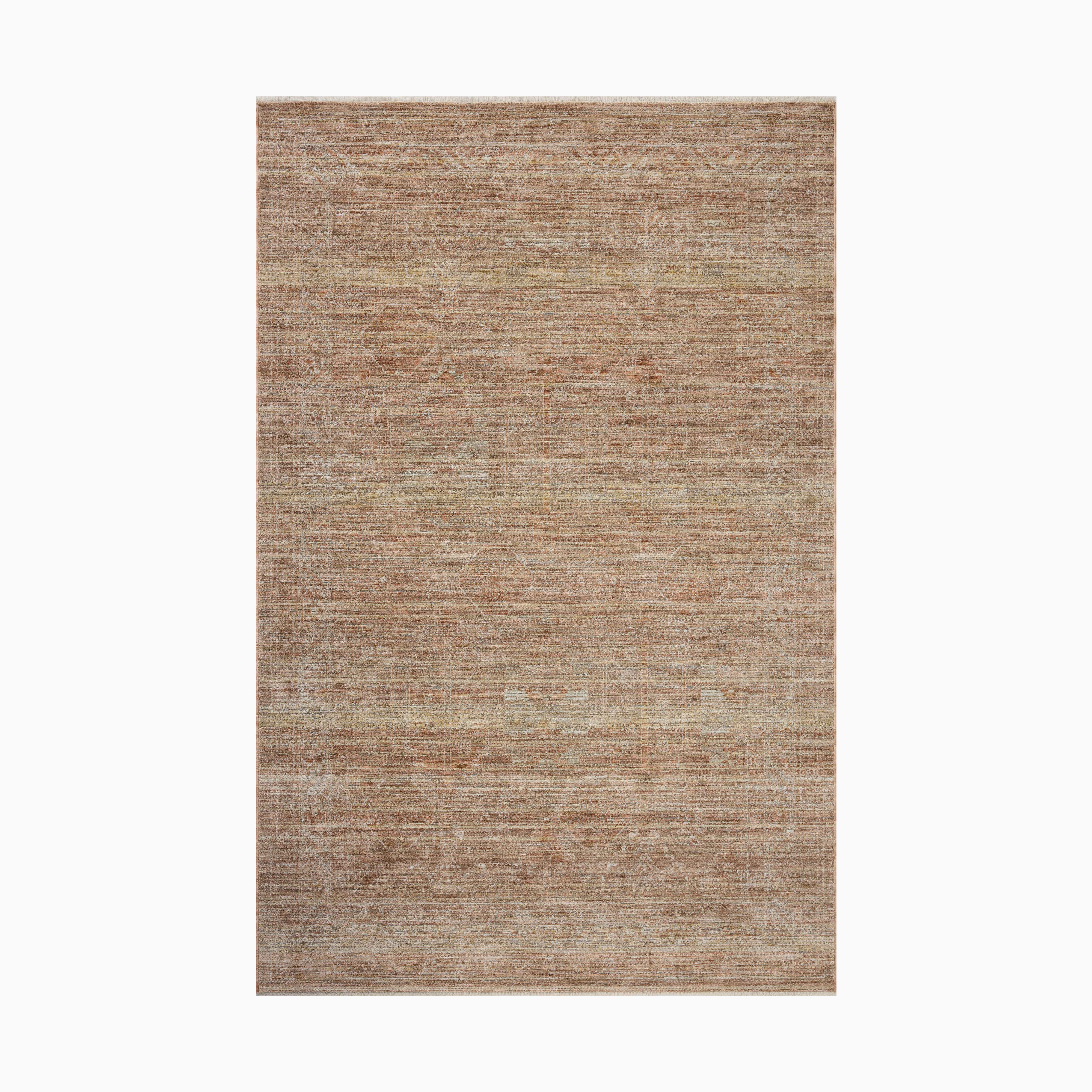 Textured beige and brown power loomed rug made of polyester with a woven design, adding warmth and a natural aesthetic to any interior space.