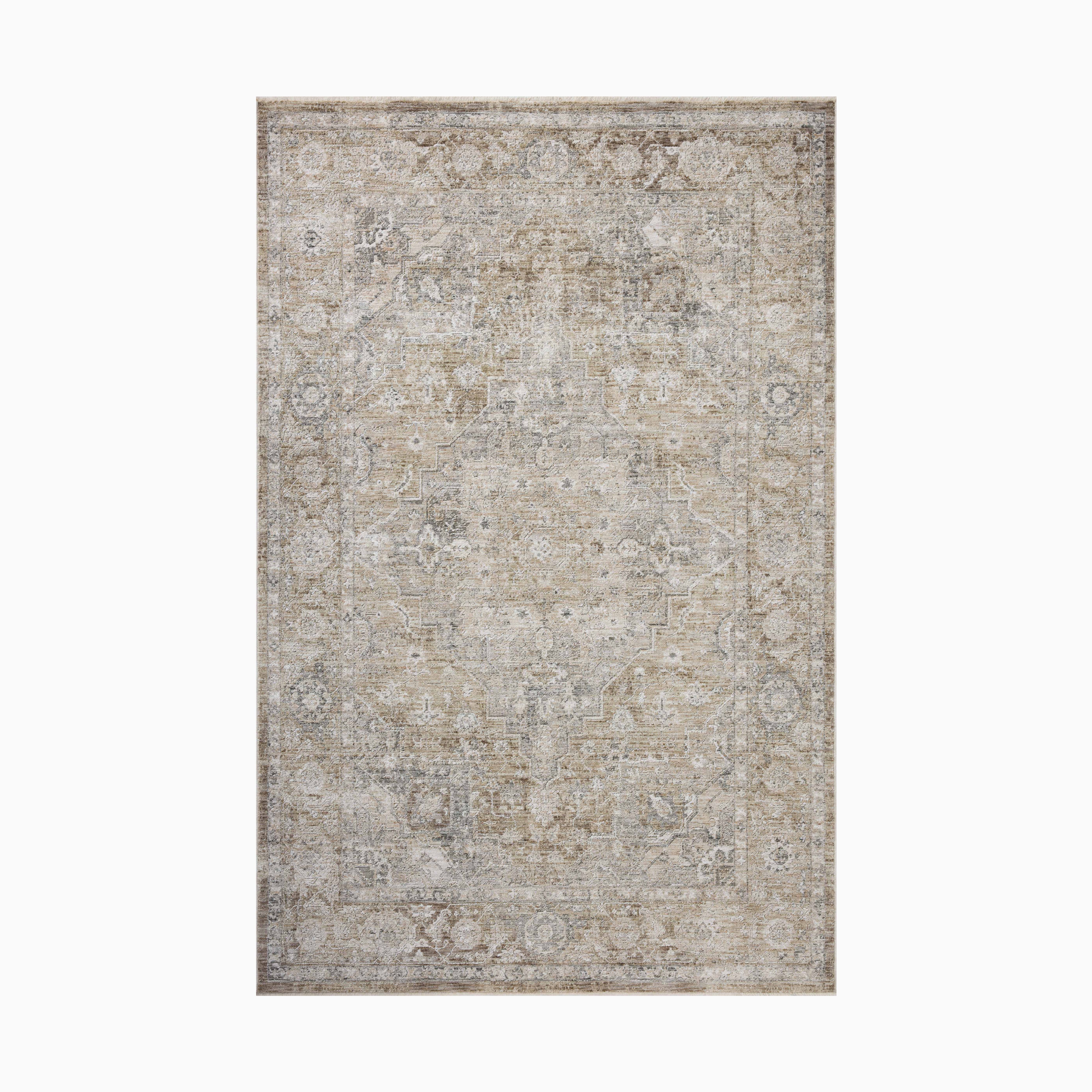 Distressed Persian-style power loomed rug in warm beige and gray tones made of polyester, featuring an ornate medallion pattern for a vintage, timeworn elegance.