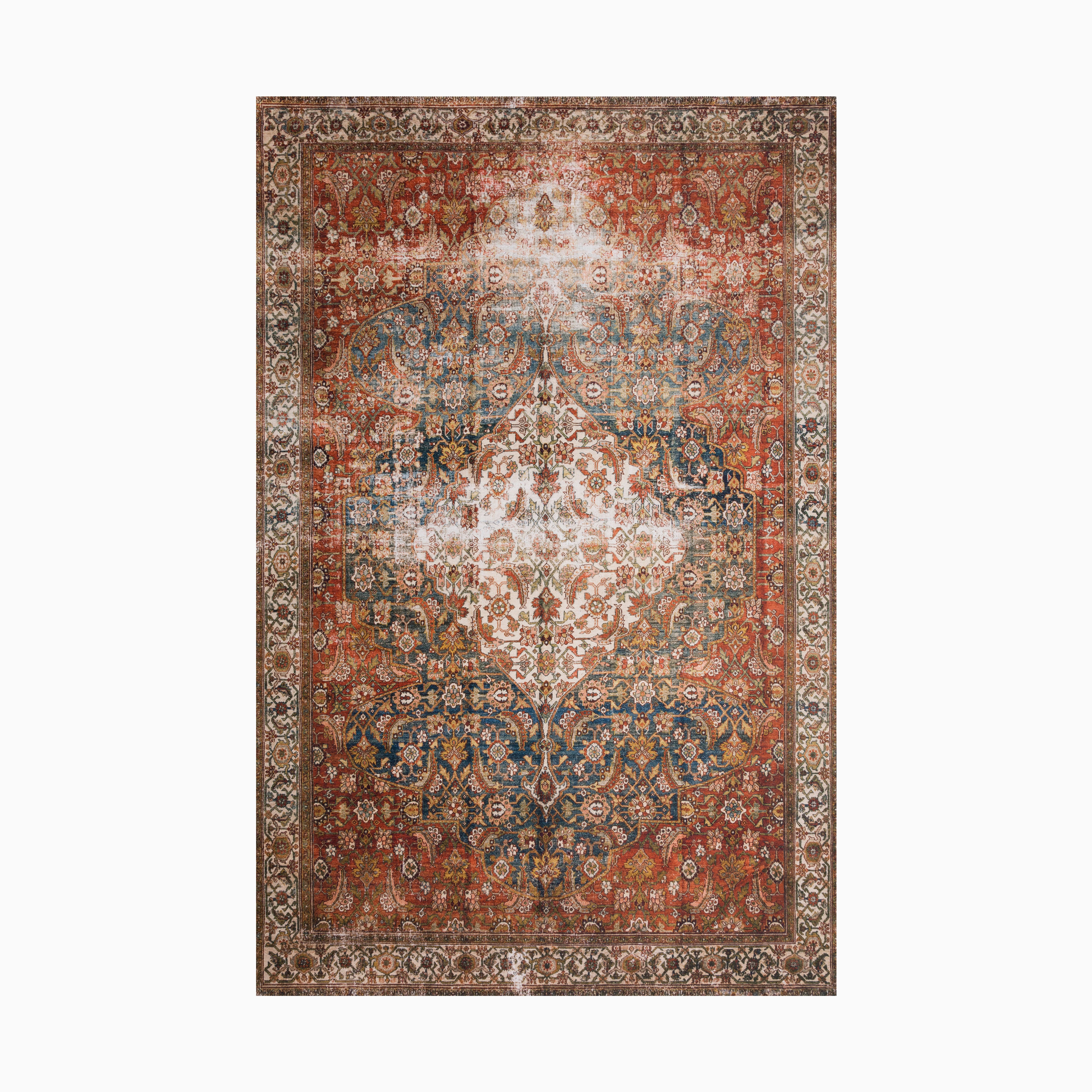 Vintage Persian-style power loomed rug made of polyester, featuring an ornate central medallion in ivory, navy, and gold, set against a distressed rust-red background.