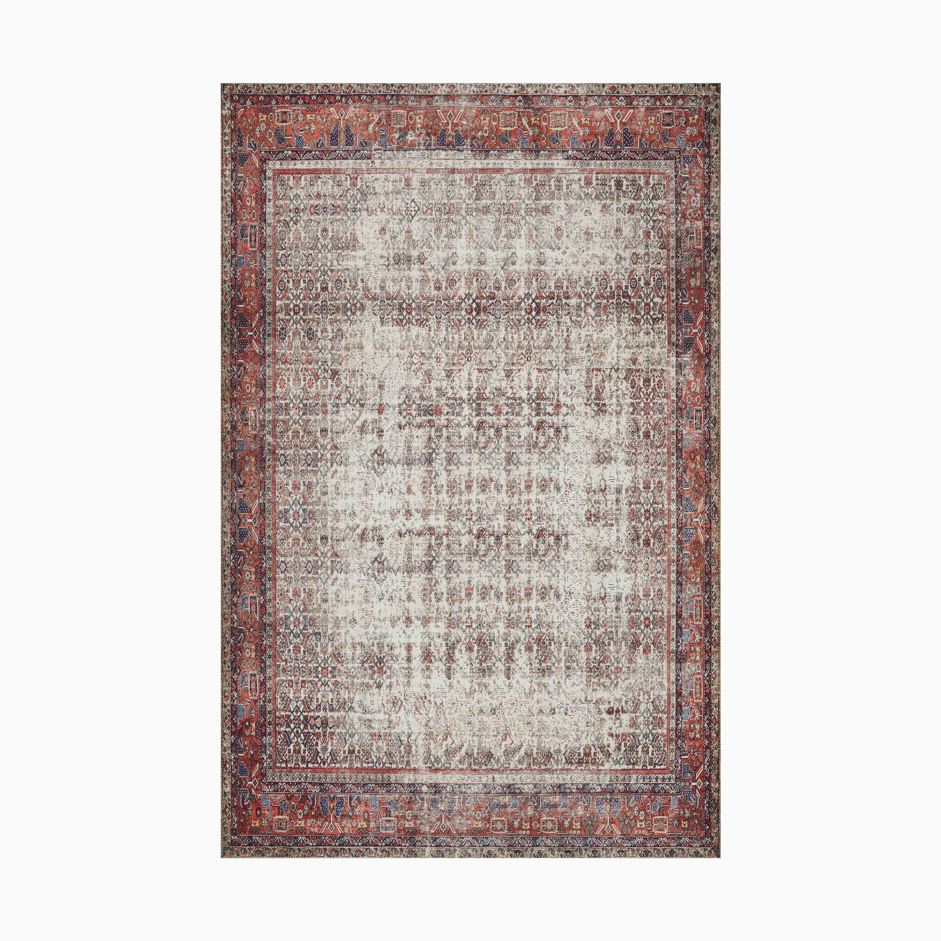 Distressed Persian-style power loomed rug made of polyetster with intricate faded patterns in ivory and taupe, framed by a rich rust and navy ornamental border.