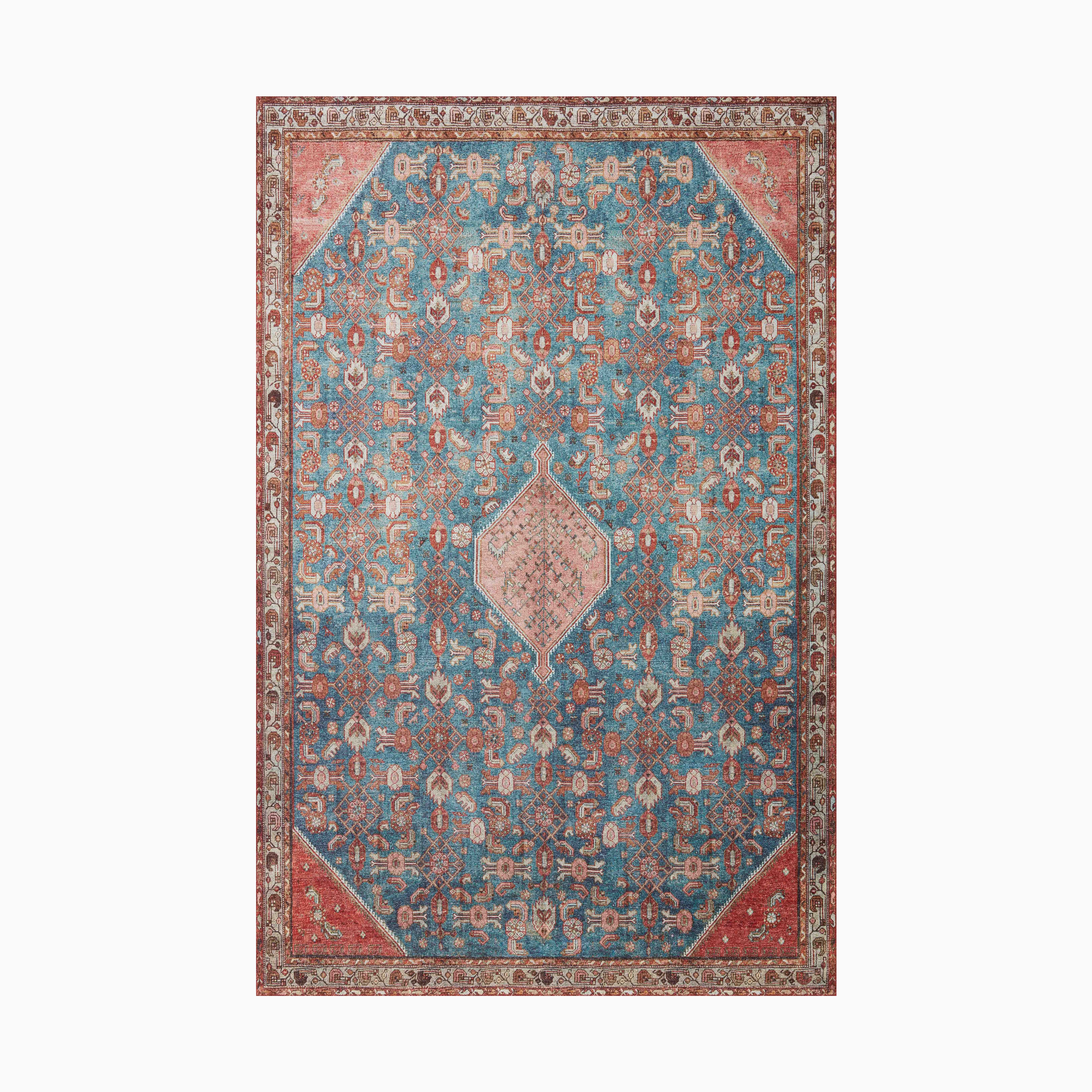 Vintage-inspired power loomed rug made of polyester with a distressed turquoise field, delicate pink medallion, and warm rust accents, framed by an ornate border.