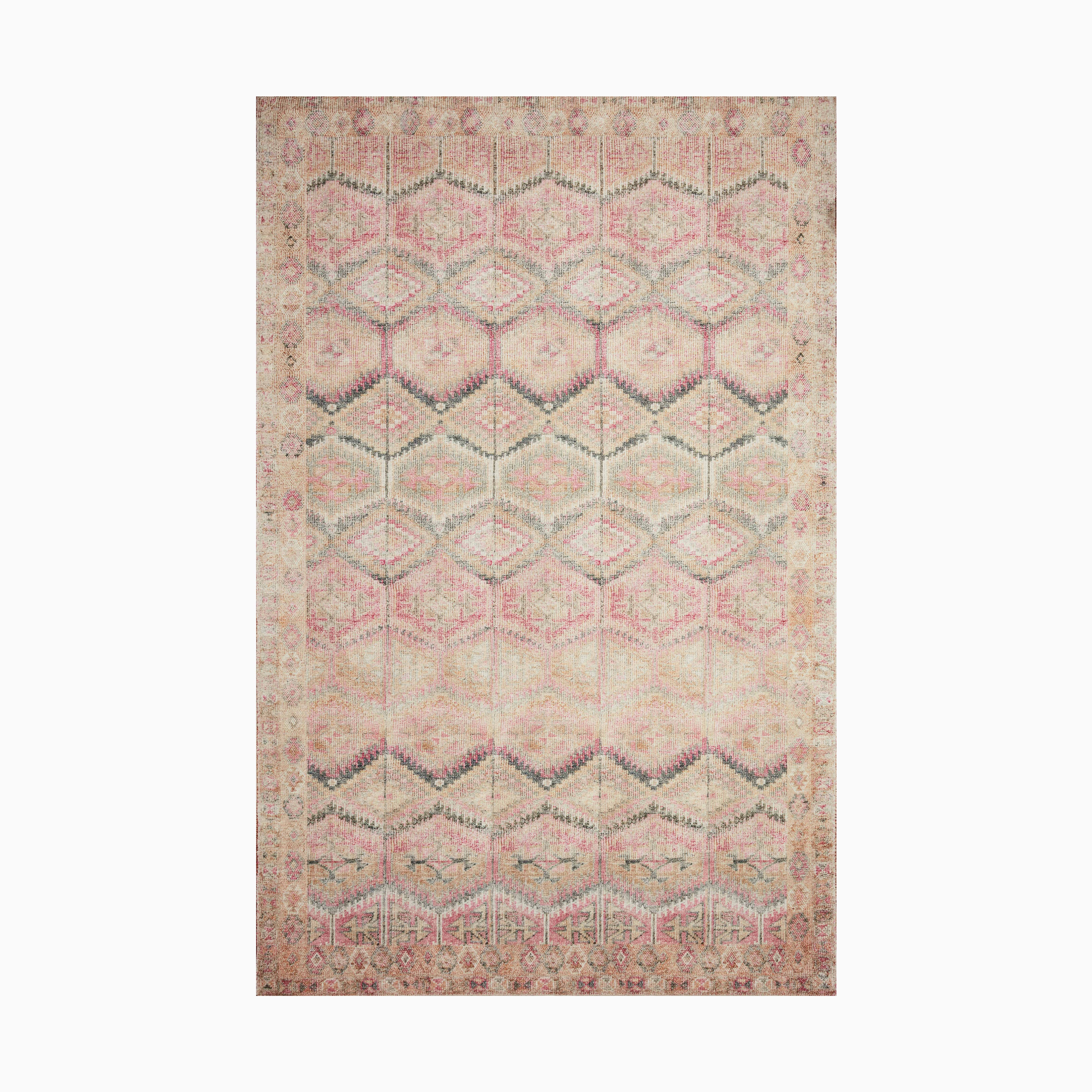 Bohemian-style power loomed rug made of polyester, featuring a faded geometric pattern in soft blush, ivory, and sage tones, creating a vintage-inspired look.