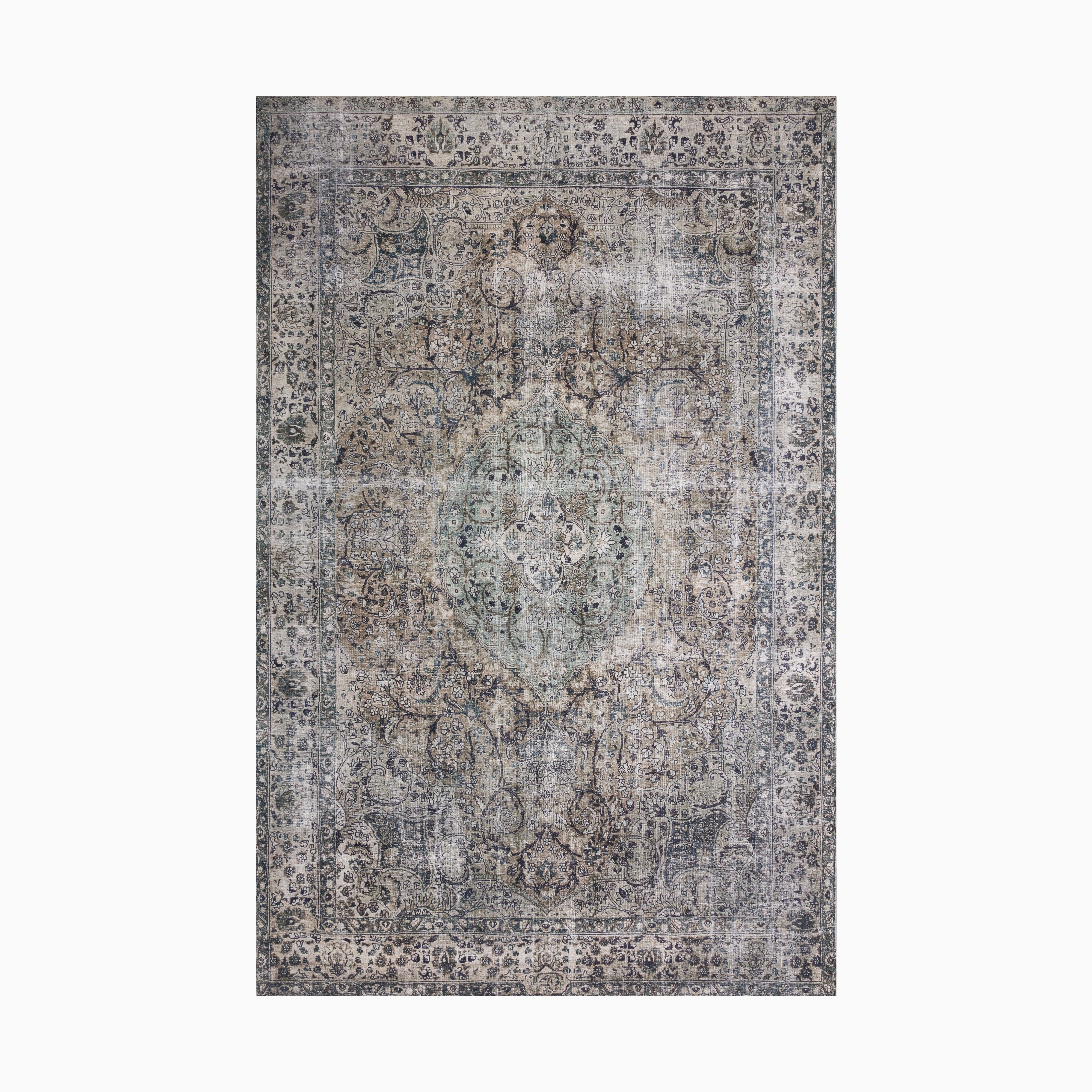 Distressed Persian-style power loomed rug made of polyester with an intricate central medallion in soft sage, ivory, and charcoal, framed by ornate floral detailing.