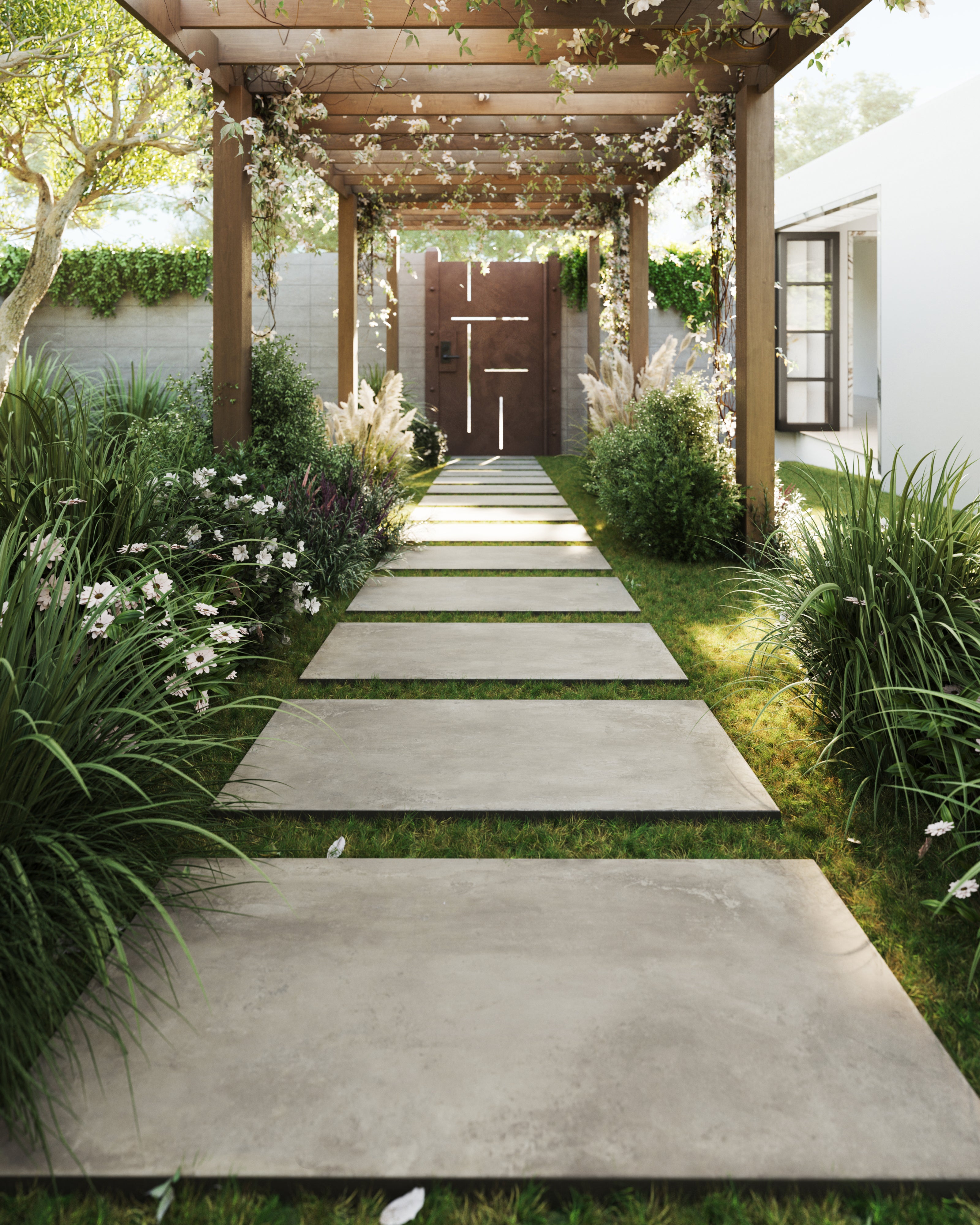 Contemporary garden path featuring 24x48 taupe porcelain pavers, elegantly set amidst vibrant foliage and floral accents under a wooden pergola