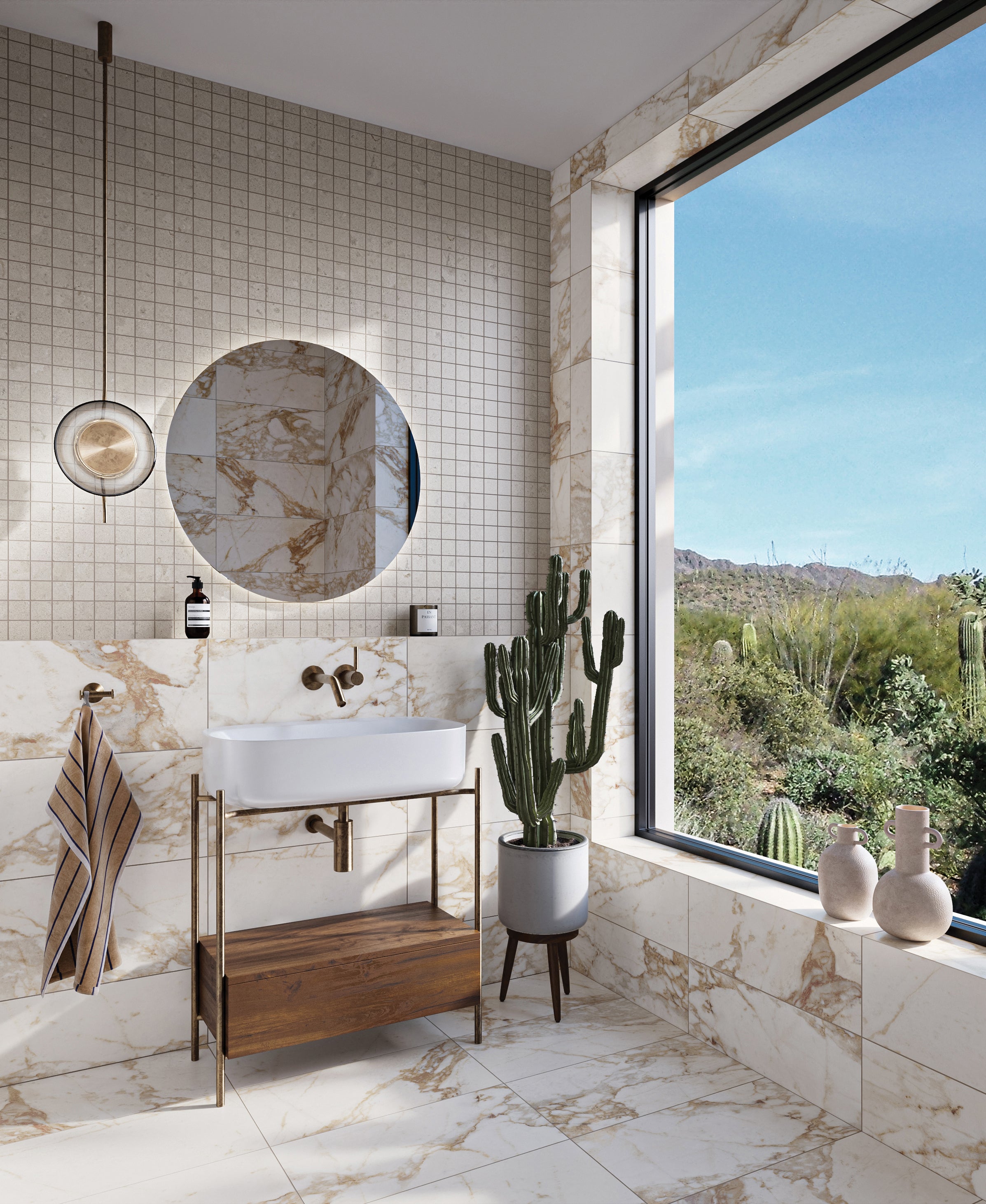 Modern bathroom featuring Calacatta Gold matte porcelain tiles with striking golden veining, a minimalist wood-and-metal vanity, and a large window framing desert views.