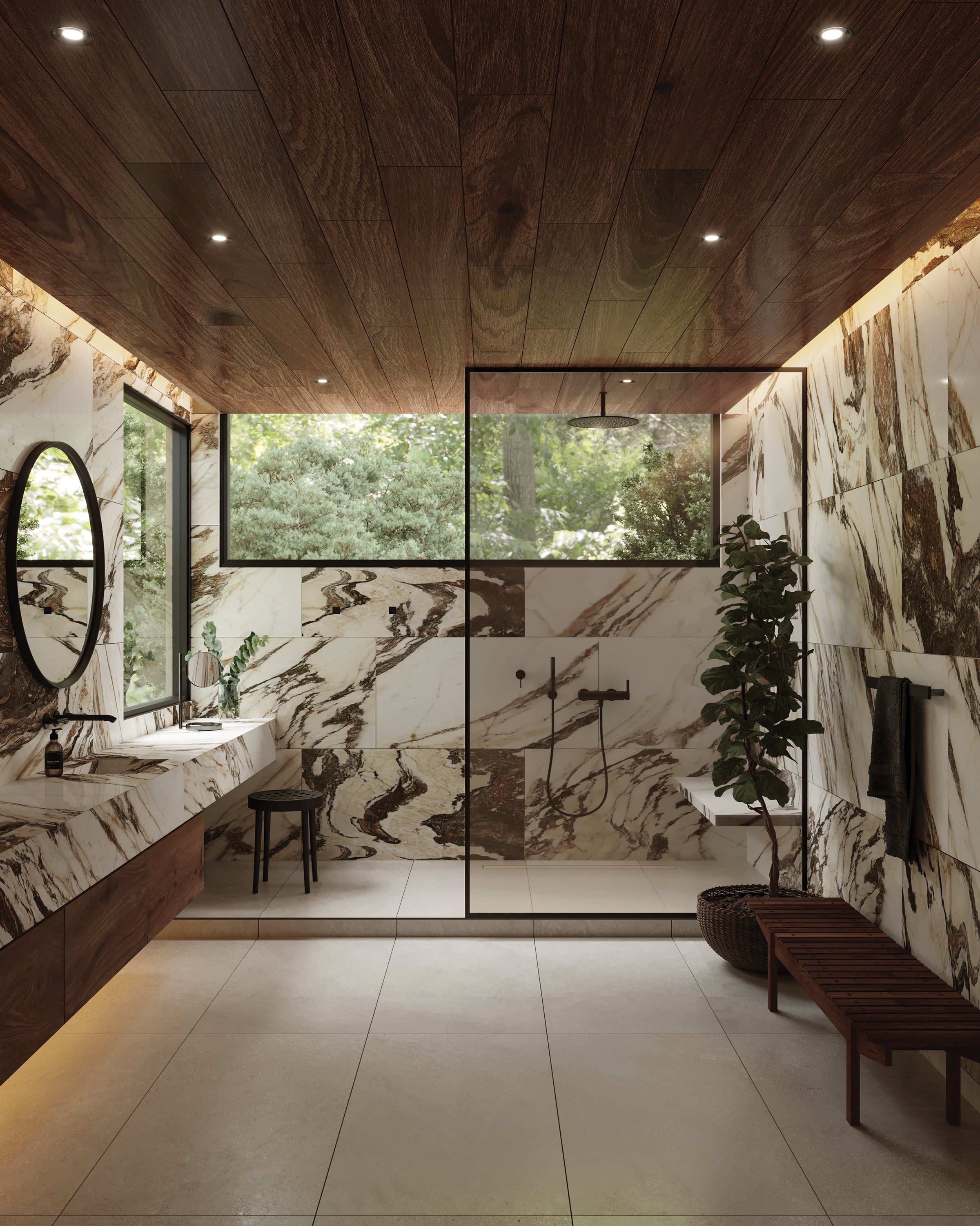 Luxurious bathroom with polished Calacatta Viola marble look tiles, featuring dramatic brown veining on walls and countertops, complemented by wood accents and natural views