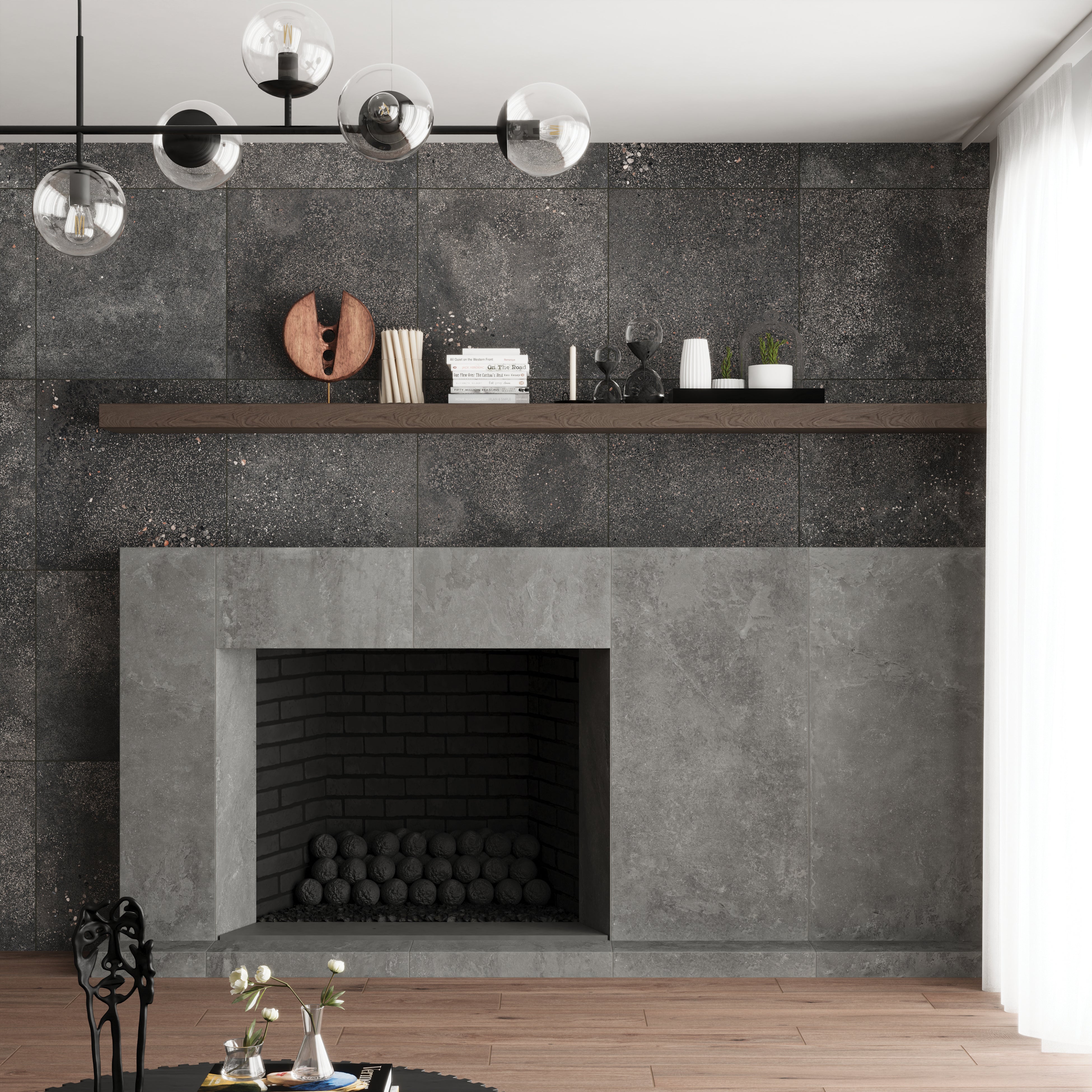 Sophisticated fireplace with Wren Charcoal 24x48 matte porcelain tiles, adding texture and elegance to a modern living room.