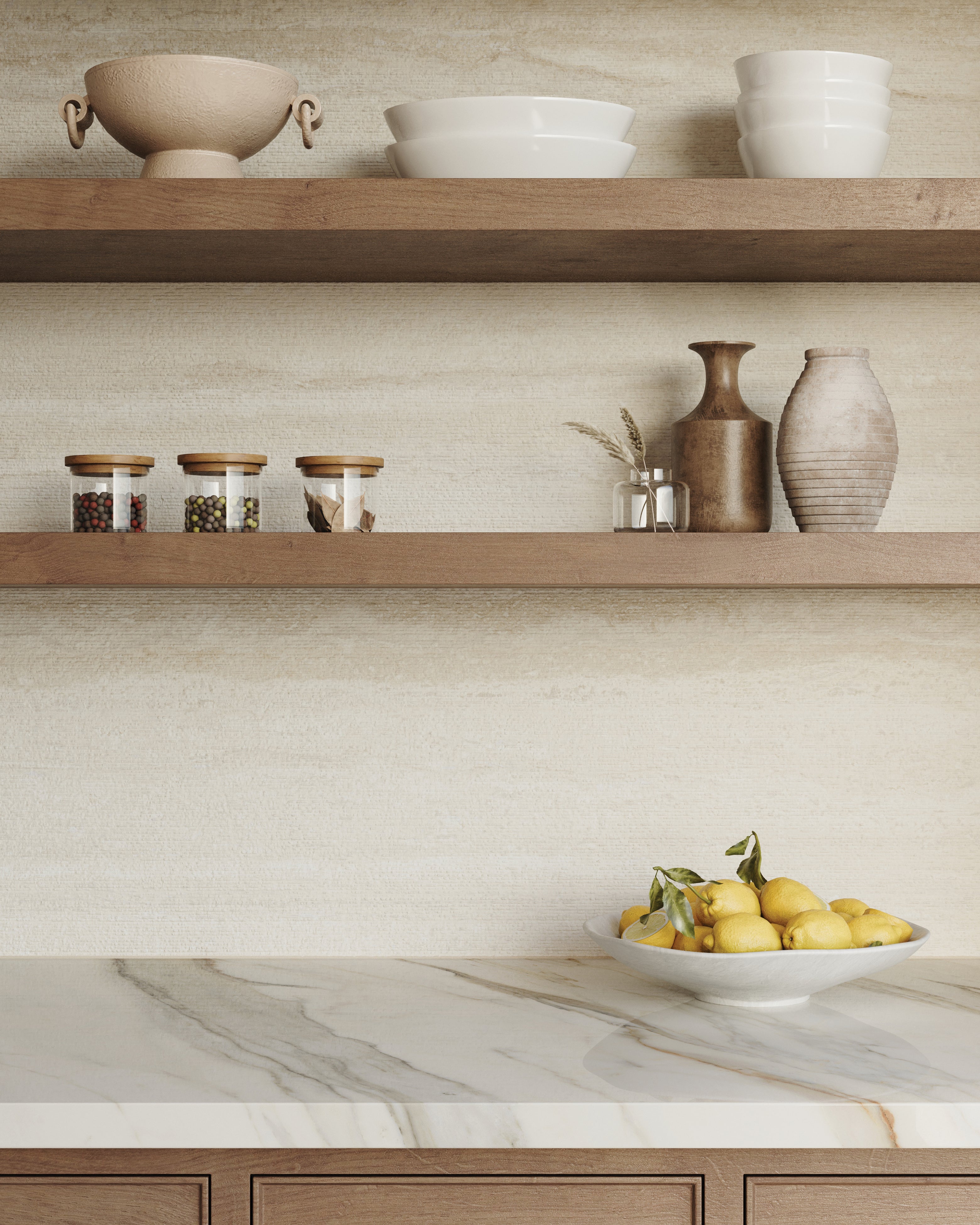 Warm kitchen design featuring Wren 24x48 chiseled porcelain tiles in oat as a textured backsplash, complemented by wooden shelving and a marble countertop.