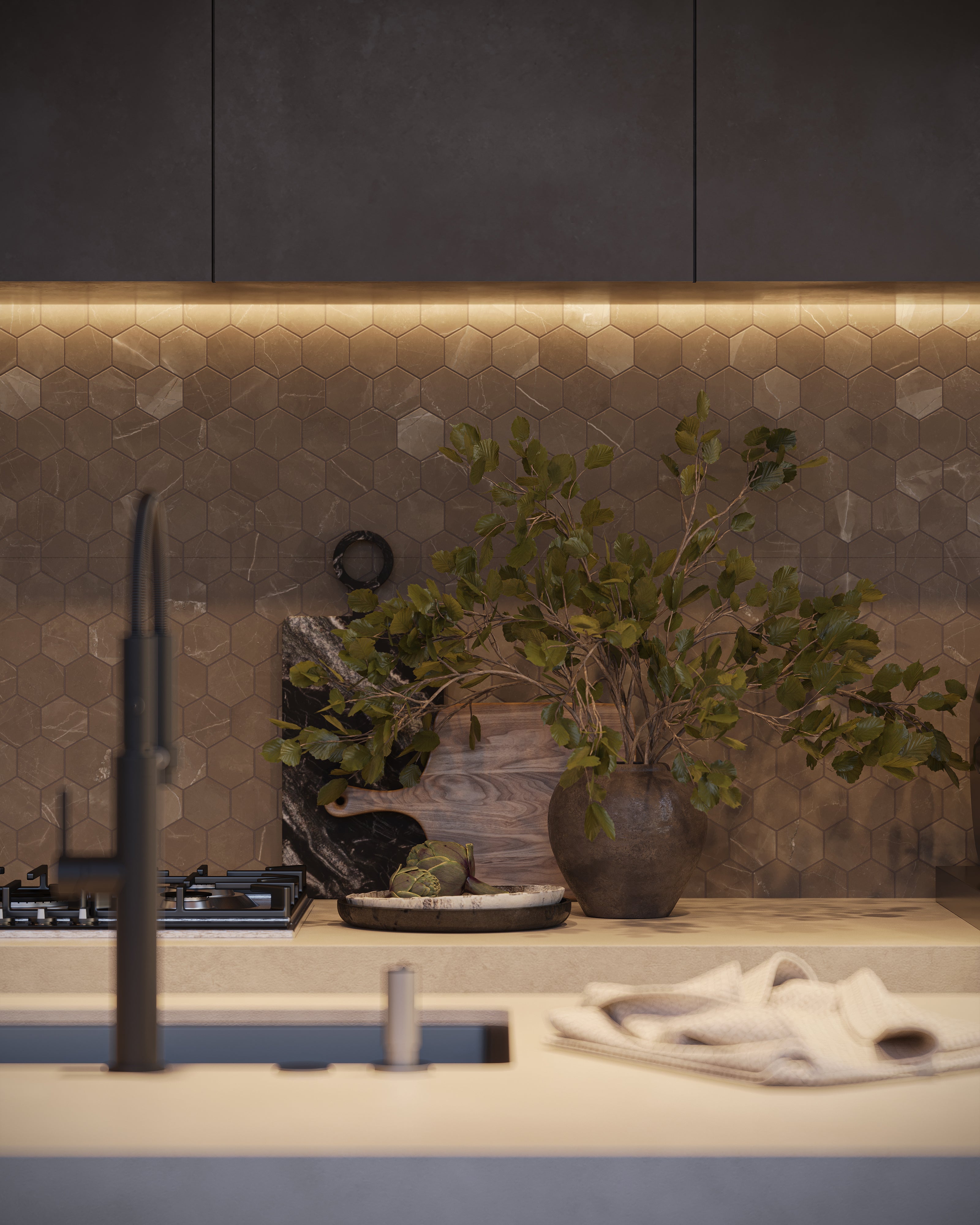 Leona 3x3 Polished Porcelain Hexagon Mosaic Tile in Amani Bronze