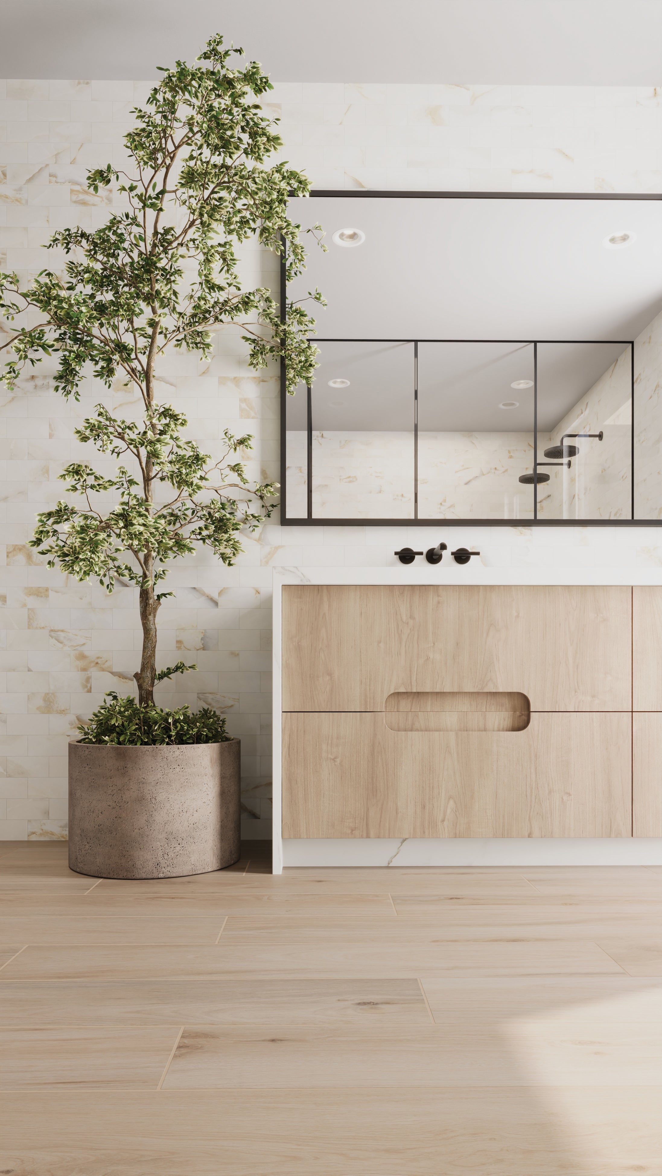 Modern luxury bathroom showcasing the rustic elegance of Preston's 8x48 porcelain planks on the floor paired with the sophisticated sheen of Astrid's 3x6 Alabaster subway tiles on the wall.